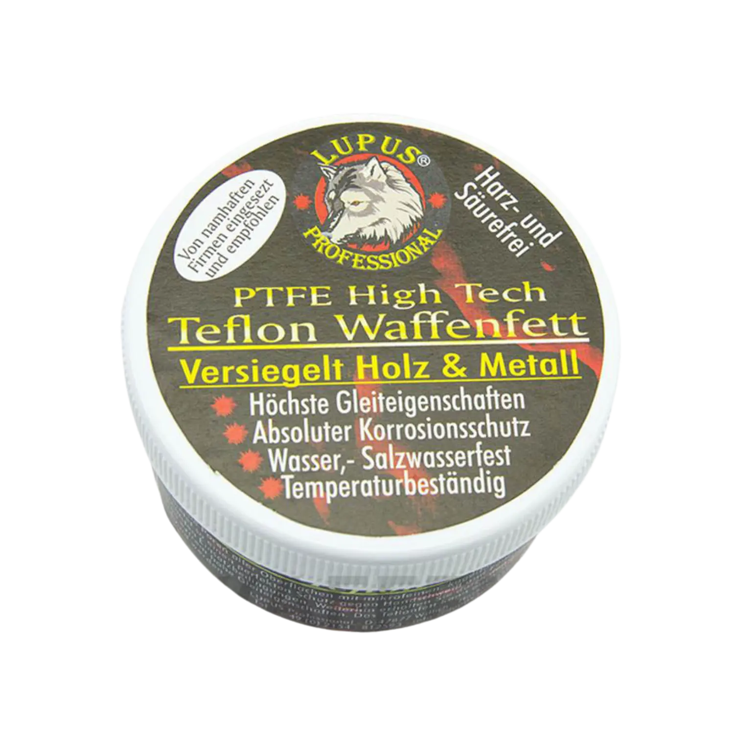 Lupus Professional Teflon-Fett 20g Runde Dose mit schwarzem Deckel, beschriftet mit 'LUPUS PROFESSIONAL PTFE High Tech Teflon Waffenfett'. Text enthält Hinweise zu Eigenschaften wie 'Höchste Gleiteigenschaften' und 'Wasser-, Salzwasserfest'.