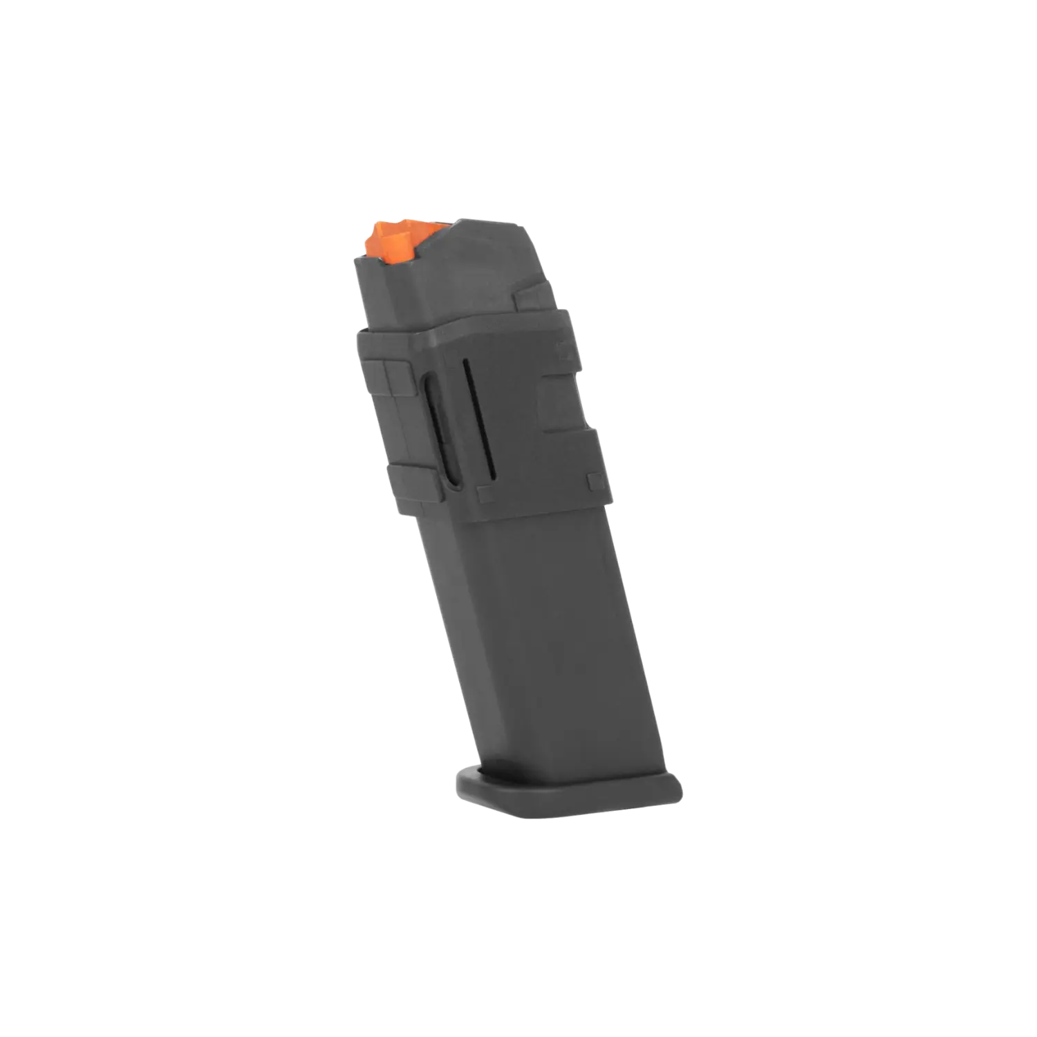 GSG-9 Magazin 10 Schuss 9mm Luger - Firerarms Schwarzes Magazin mit orangefarbener Spitze, rechteckig mit seitlicher Aussparung und Bodenplatte.