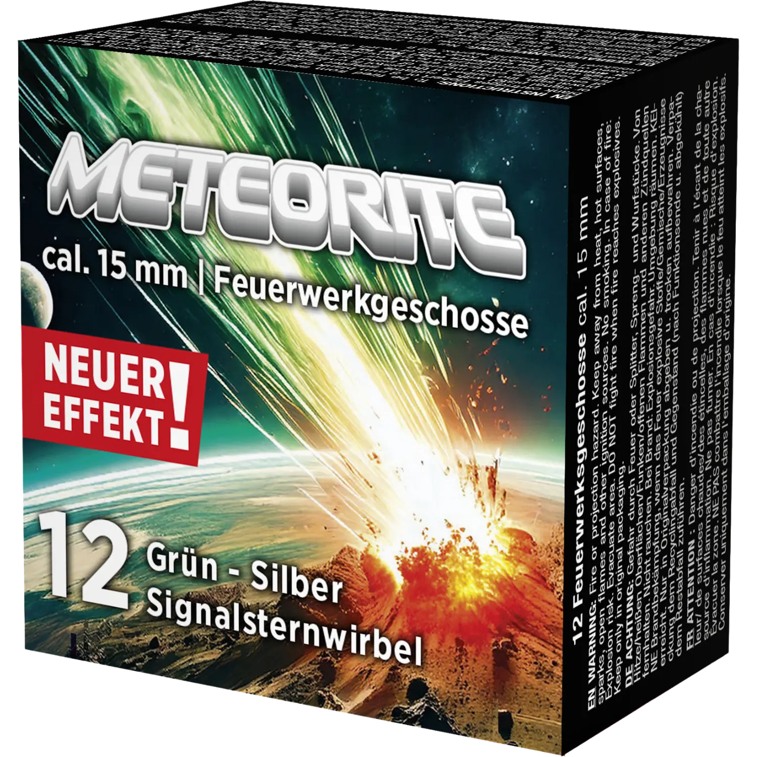 Verpackung der Umarex Signalsternwirbel Meteorite Feuerwerksgeschosse Kaliber 15 mm mit 12 grünen und silbernen Signalsternwirbeln, Darstellung einer Explosion über der Erde.