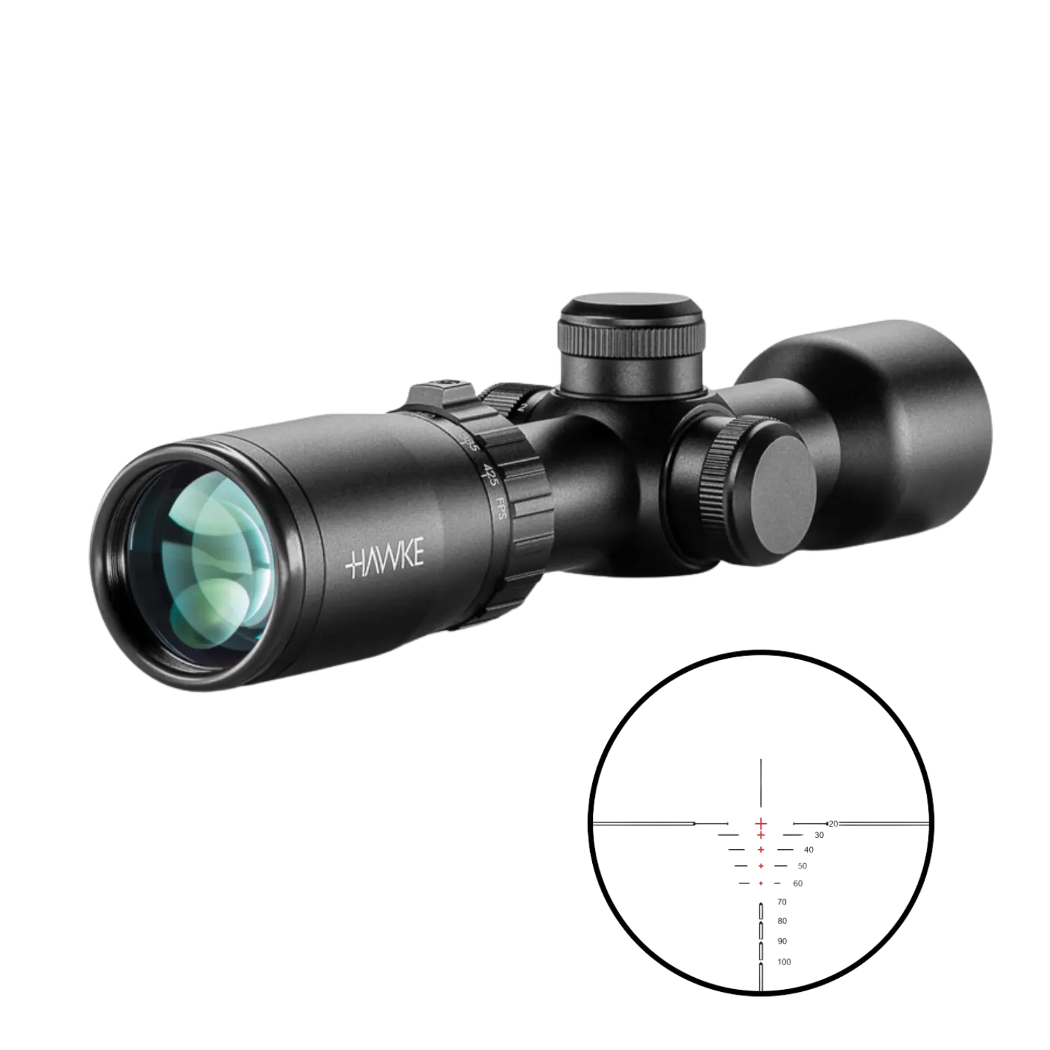 Schwarzes Zielfernrohr mit Aufschrift 'HAWKE', mehreren Einstellrädern und grünlich reflektierender Linse, daneben Leuchtabsehen mit roter Markierung.