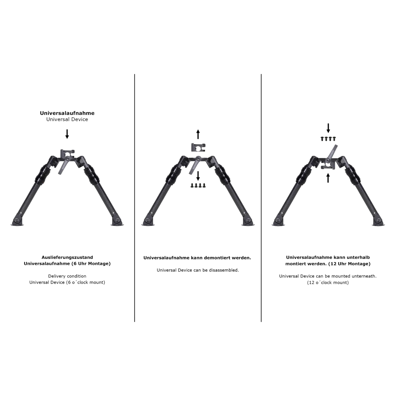 Drei Voere X-Zweibeine mit Universalaufnahme und Längenverstellung in unterschiedlichen Aufstellwinkeln, jeweils mit zwei ausziehbaren Beinen.