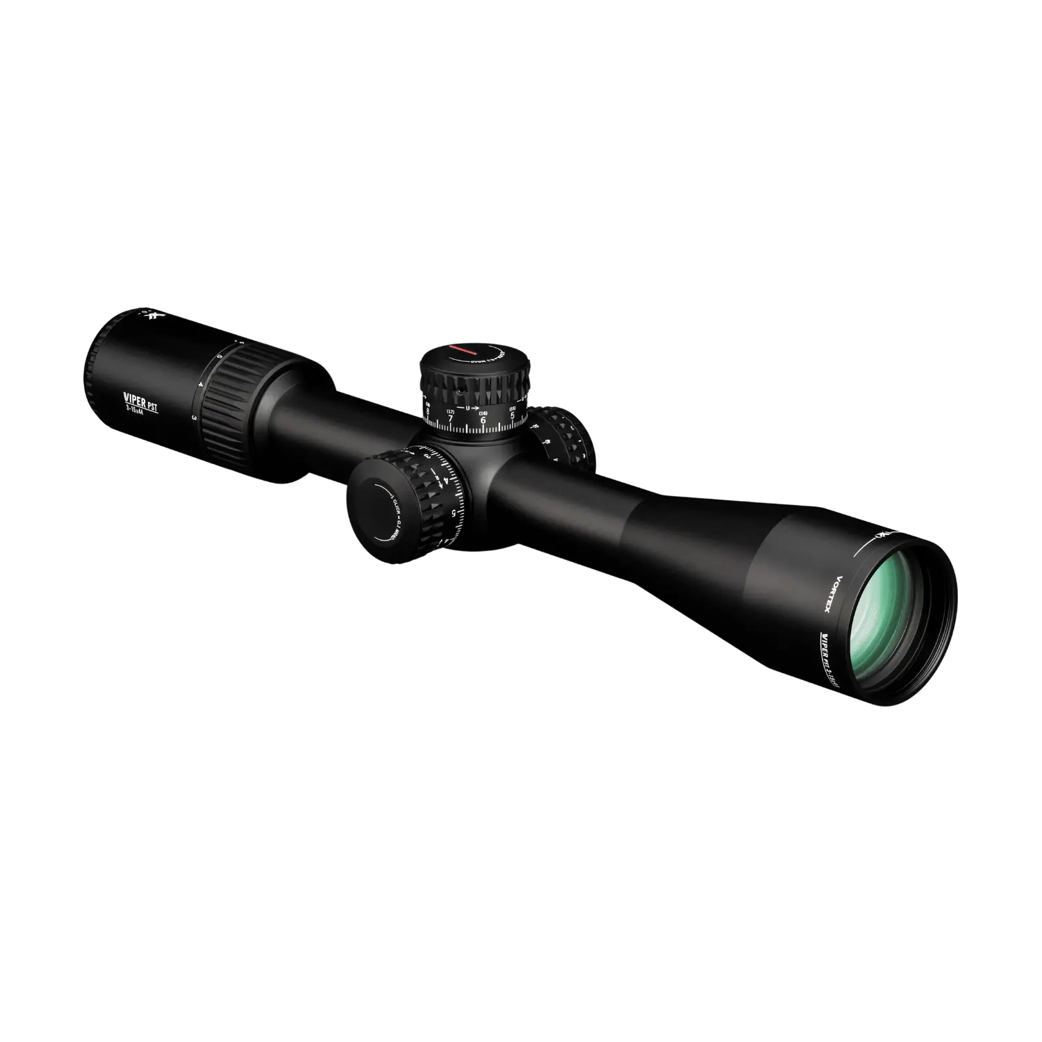 Vortex Zielfernrohr Viper PST Gen II 3-15x44 MRAD FFP EBR-7C in schwarzem Design mit Verstellknöpfen. Seitliche Abbildung, Objetiv nach unten rechts zeigend.