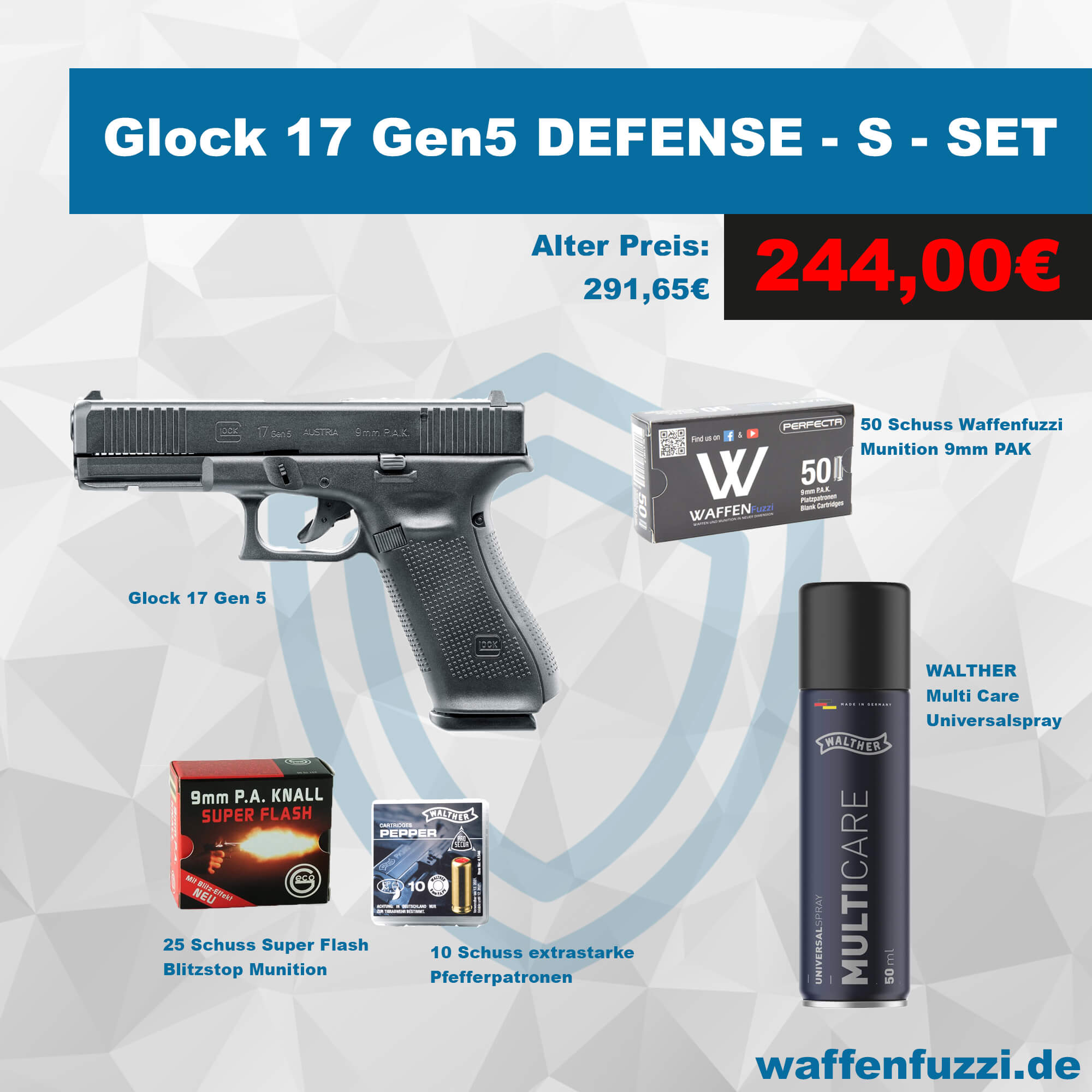 Glock 17 Gen5 Defense Set inkl. 50 Schuss Platz + 25 Stopblitzpatronen + 10 Schuss Pfeffer + Pflegeöl