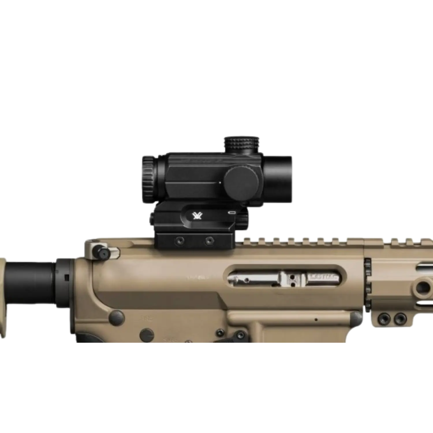 Vortex Spitfire AR Prismenvisier DRT MOA auf einem beigen Gewehr montiert, seitliche Ansicht des Visiers mit Einstellknöpfen und Montageschiene.