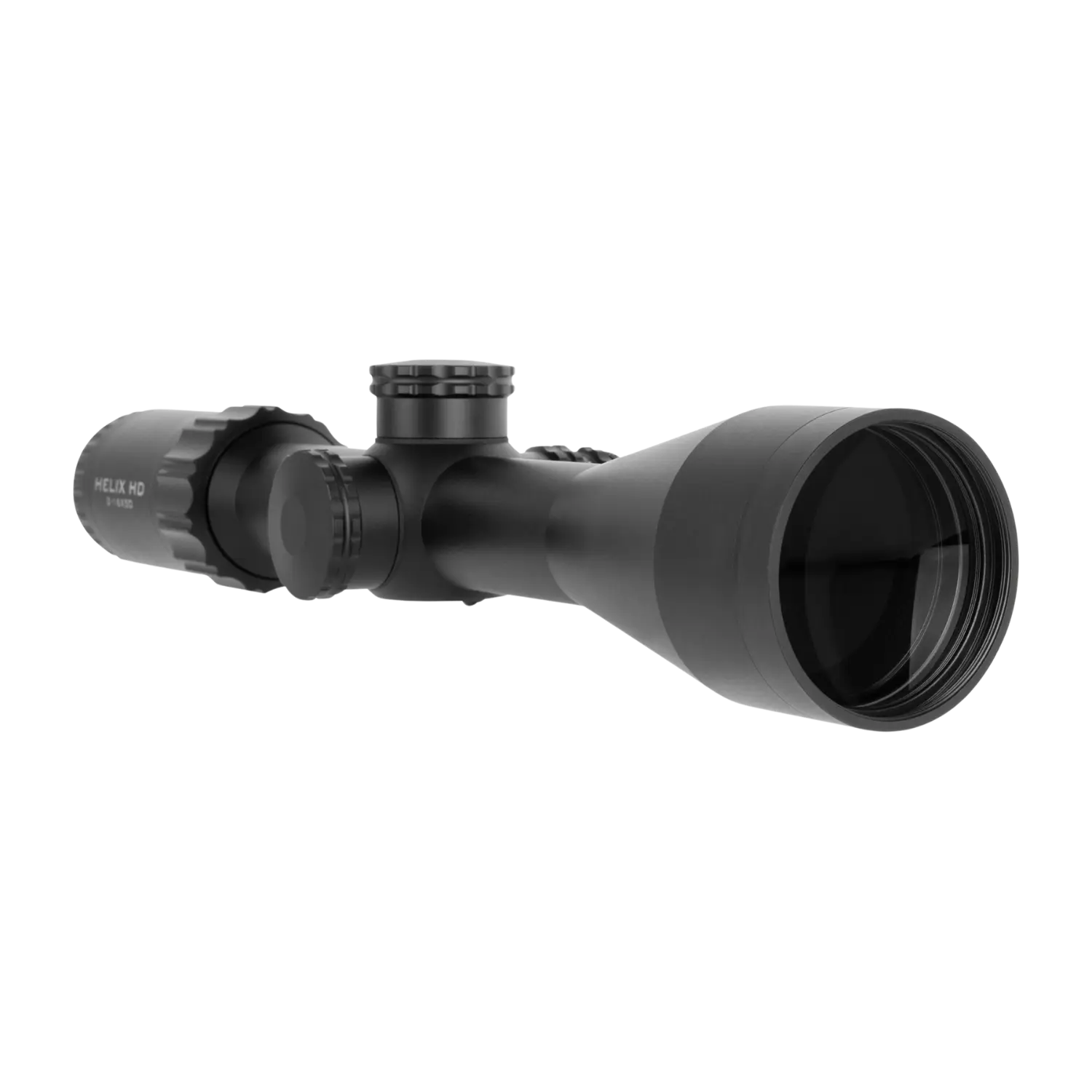 Element Optics Zielfernrohr Helix 2-16x50 RAPTR-1 MRAD SFP Schwarzfarbiges Zielfernrohr mit einem langen, konischen Objektiv und einem seitlichen Verstellrad. Sichtbare Markierungen auf dem Gehäuse.
