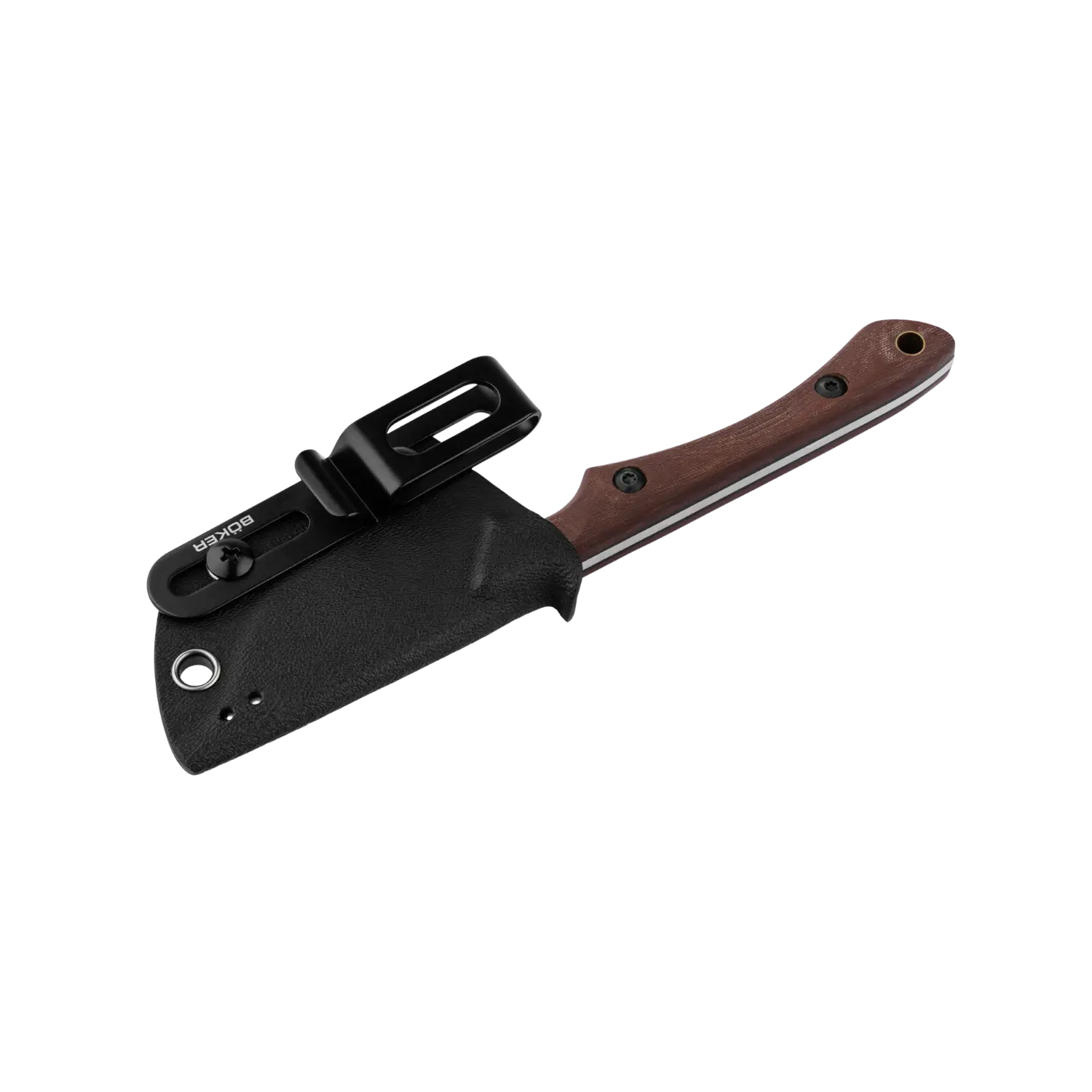 Böker Plus Pocket M.U.K. Neck Knife mit braunem Holzgriff und schwarzer Kunststoffscheide mit Gürtelclip.