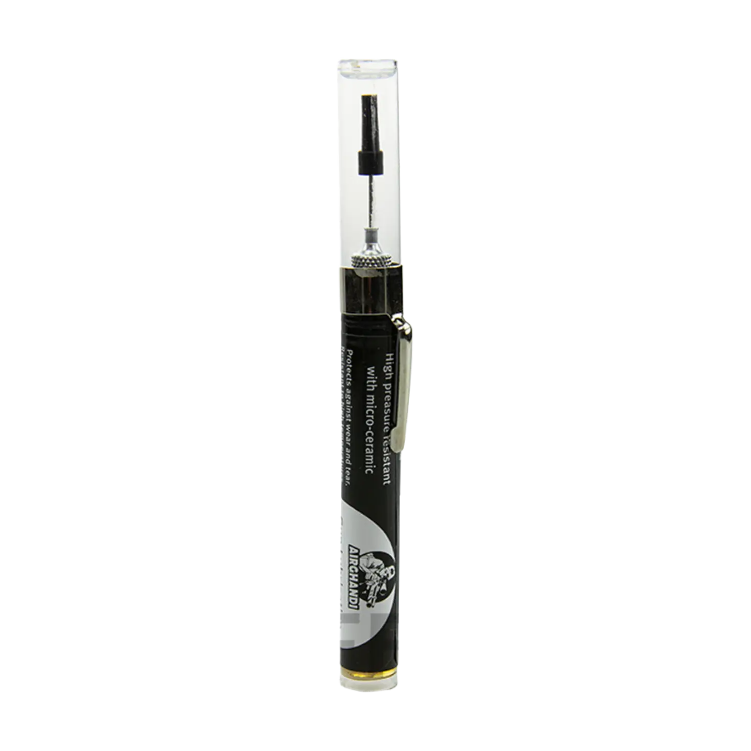 AirGhandi´s Waffenschmieröl mit Mikrokeramik Schwarze Spritze mit transparentem Schutzkappenaufsatz, beschriftet mit 'High pressure lubricant with micro-ceramic', Marke 'Waffenschmieröl'