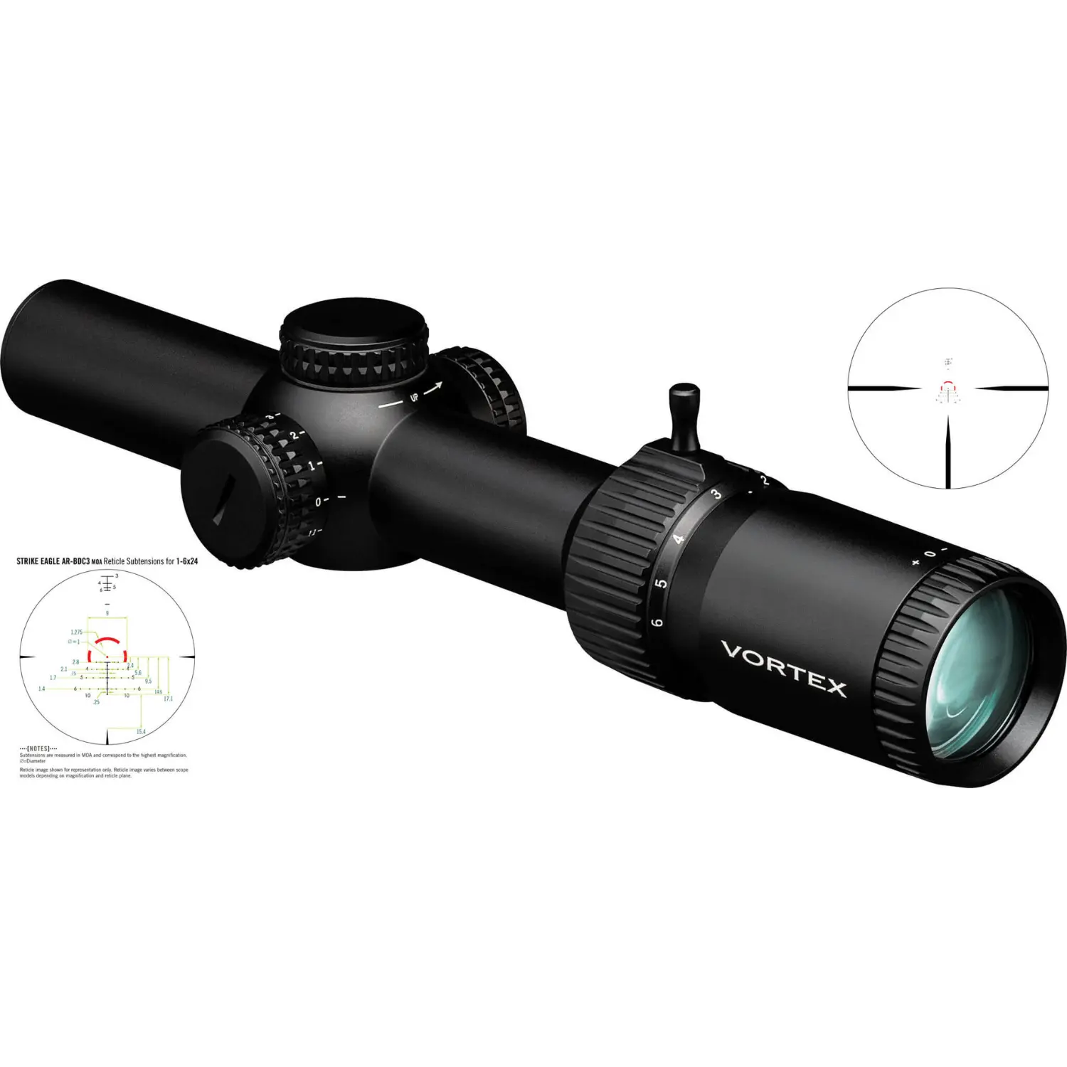 Vortex Strike Eagle Zielfernrohr 1-8x24 SFP mit Einstelltürmen, Vergrößerungsring von 1 bis 8, schwarzes Gehäuse und zwei Detailansichten des Absehen mit feinen Linien und Markierungen.