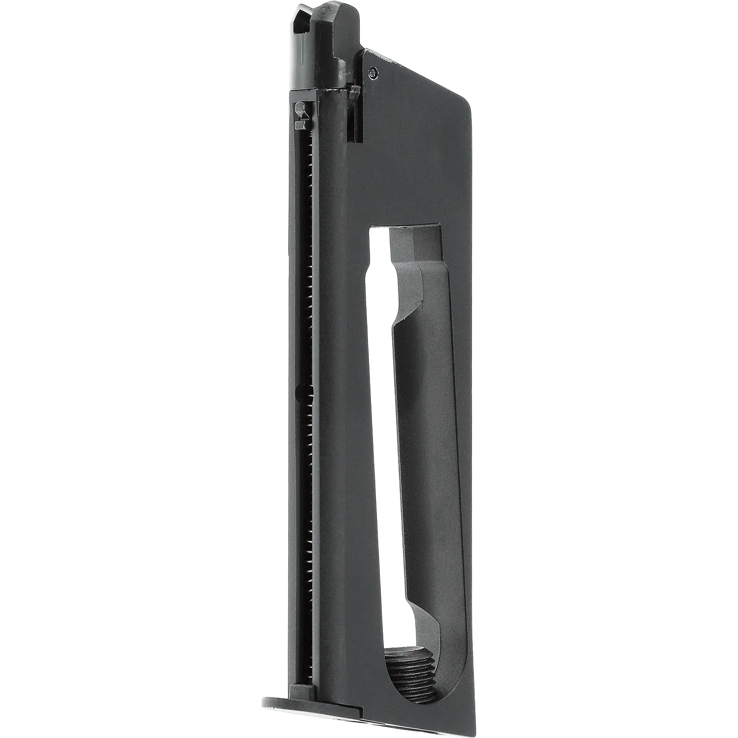 Schwarzes CO2-Magazin für Colt 1911 Classic Kaliber 4,5 mm BB mit sichtbarem Schlitz und Griffmulde