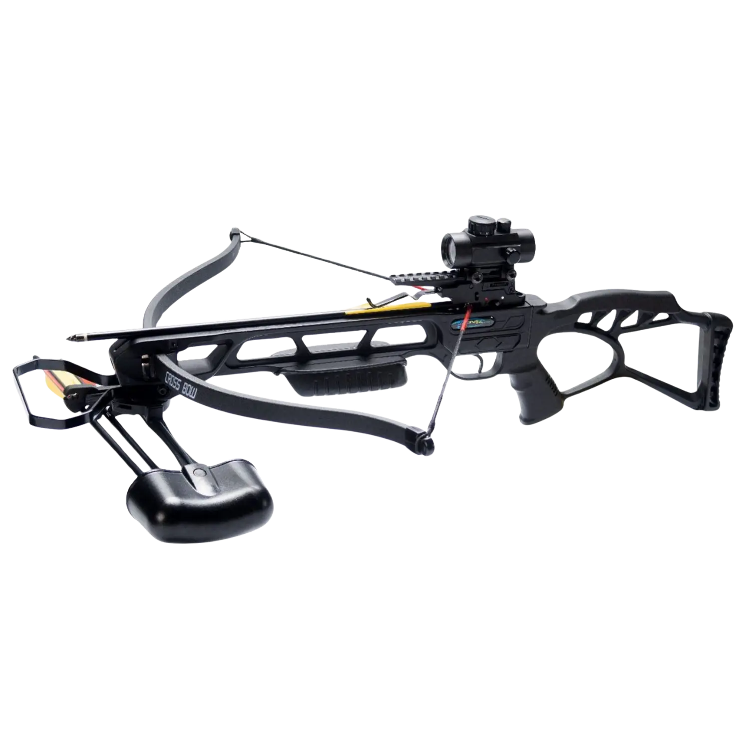 Recurve Armbrust BRANDON 185 lbs Schwarze Armbrust mit Zielfernrohr, Spannvorrichtung und ergonomischem Griff, seitliche Ansicht
