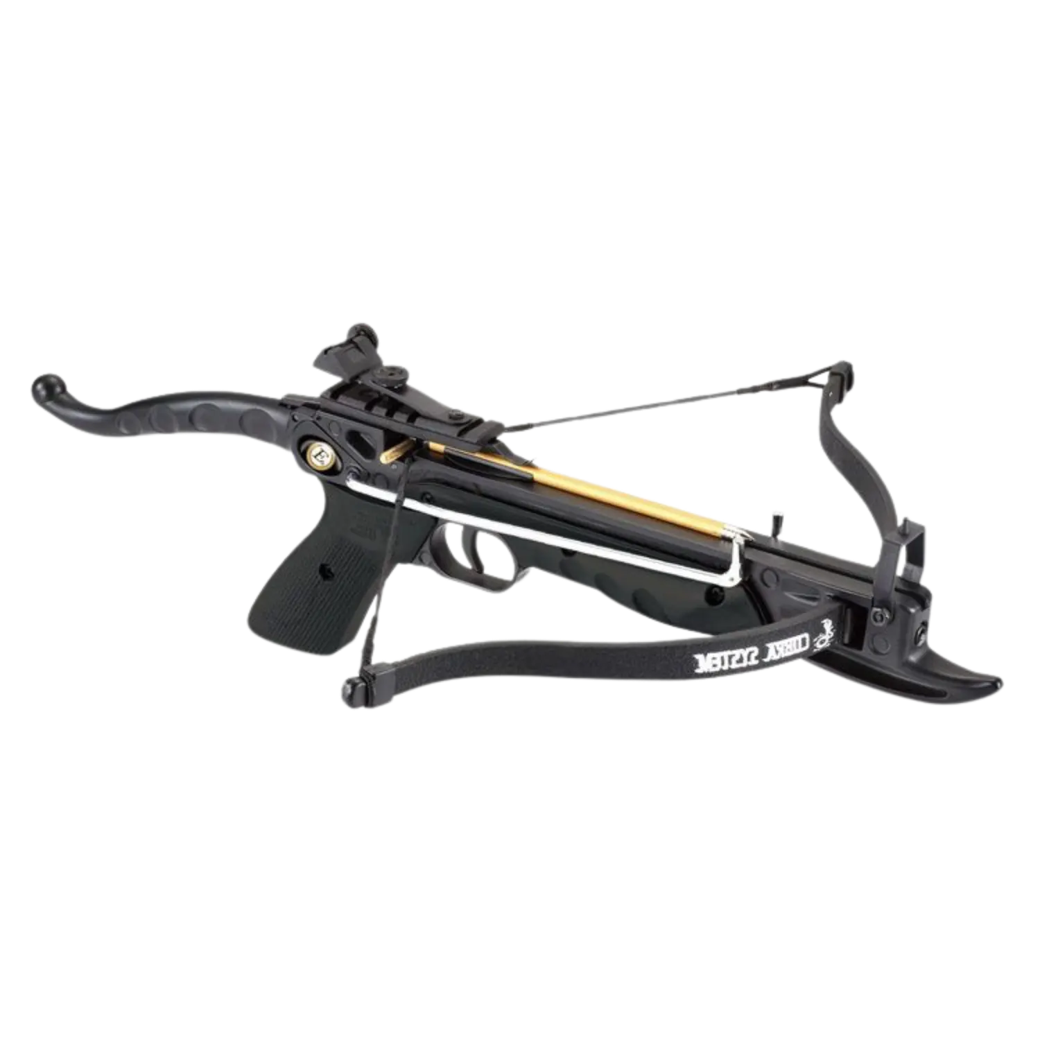 EK ARCHERY Pistolenarmbrust COBRA 80 lbs Schwarz Schwarze Armbrust mit Holzschaft, Spannvorrichtung und schwarzem Abzuggriff, auf weißem Hintergrund.