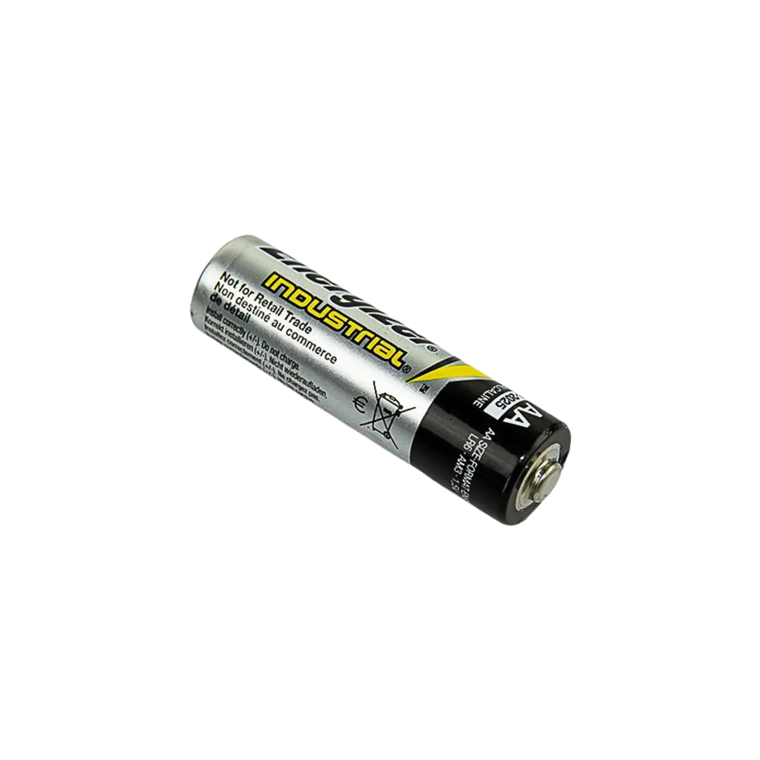 Energizer AA Batterie, zylindrisch, silber-schwarz mit gelbem Schriftzug 'INDUSTRIAL'.