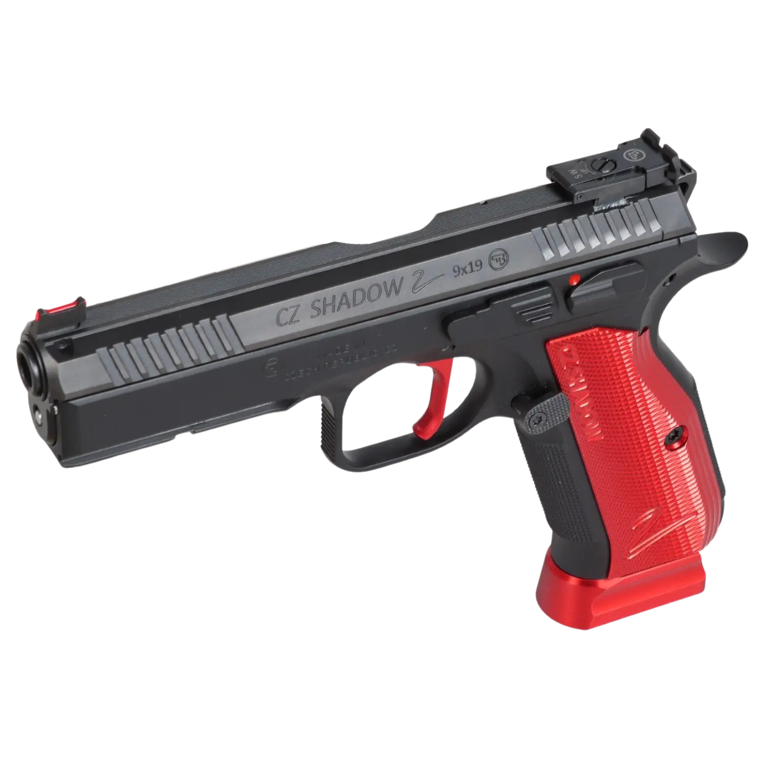 CZ Shadow 2, halbautomatische Pistole, schwarz mit rotem Griffstück und rotem Magazinboden, seitliche Ansicht.