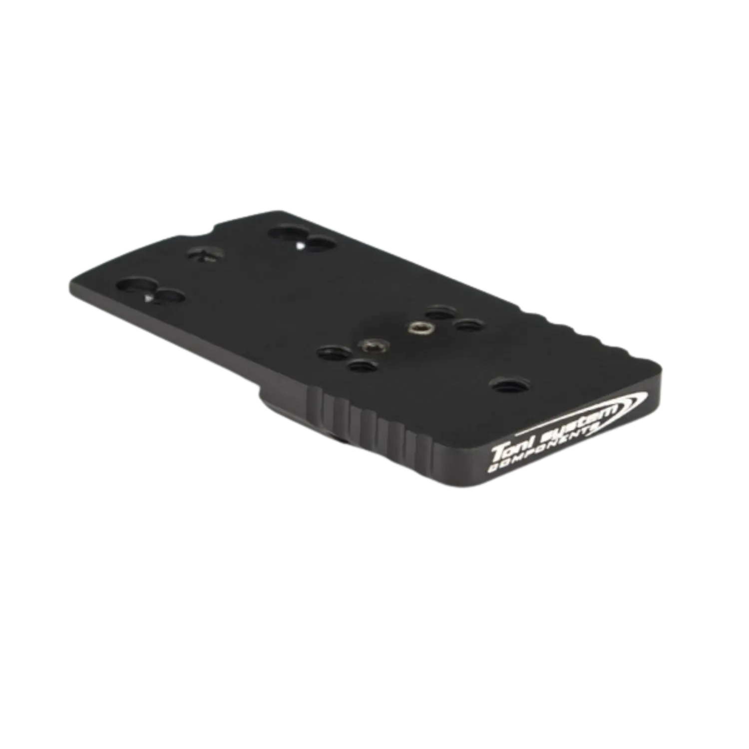 Toni System CZ 75 Shadow 2 Dovetail Montageplatten für Red Dot Sights Typ C Schwarze Montageplatte mit mehreren Bohrungen und der weißen Aufschrift 'Tool Theory' an der Seite.