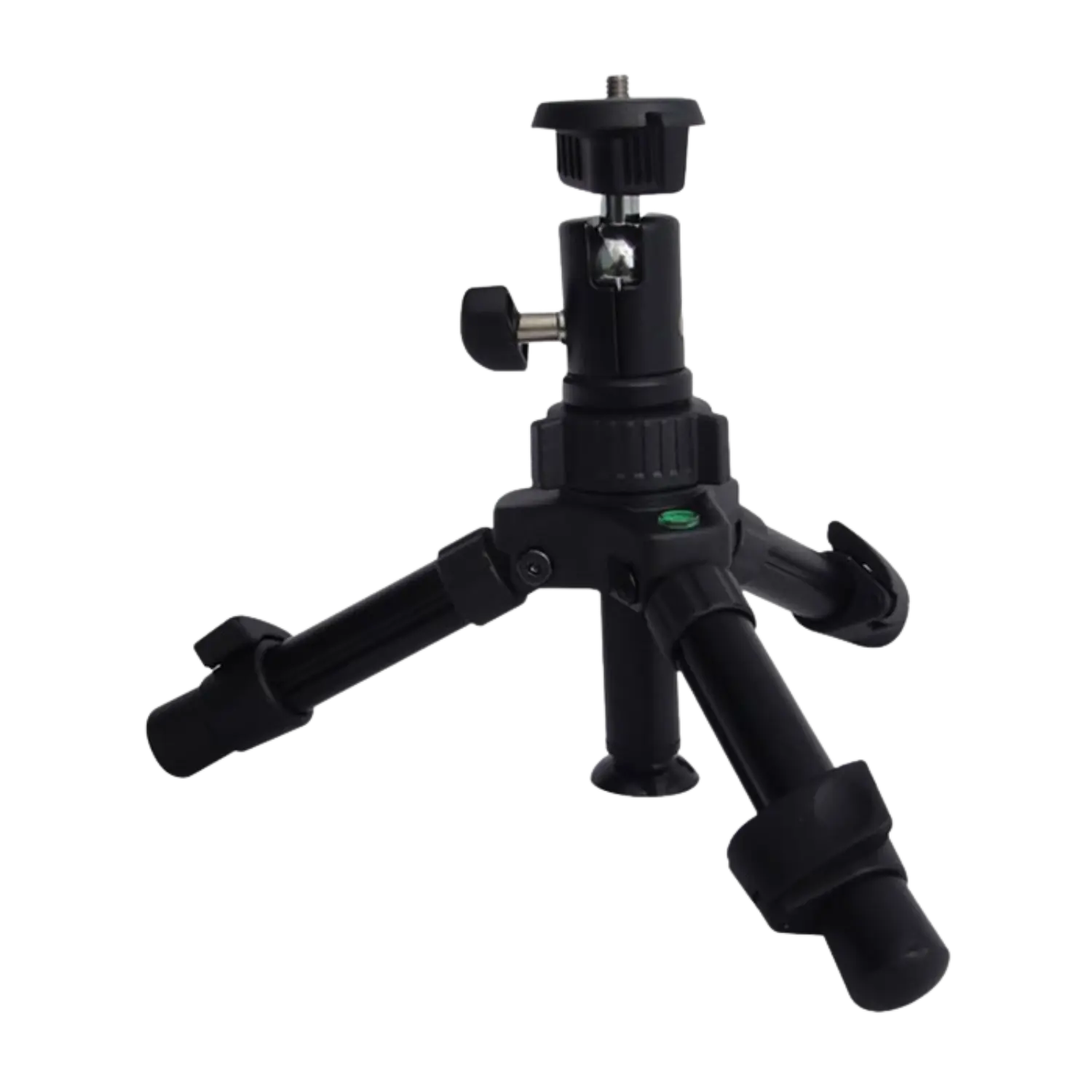 Schwarzes Mini-Kamerastativ mit drei ausgebreiteten Beinen.