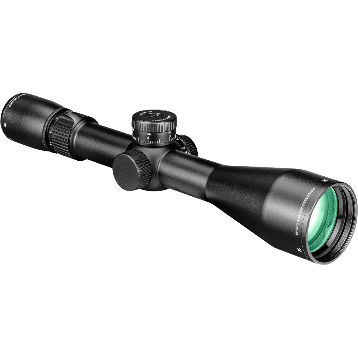 Vortex Razor LHT 4,5-22x50 FFP XLR-2 MRAD Vortex Razor LHT 4,5-22x50 FFP XLR-2 MRAD, schwarzer Zielfernrohr mit grünem Objektiv, zwei Einstellrädern, konisch zulaufendem Gehäuse.