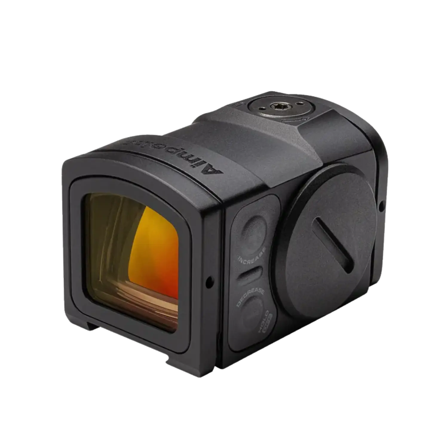 Schwarzes Aimpoint Acro P-2 Rotpunktvisier mit rechteckigem Sichtfenster und zwei Bedientasten an der Seite.