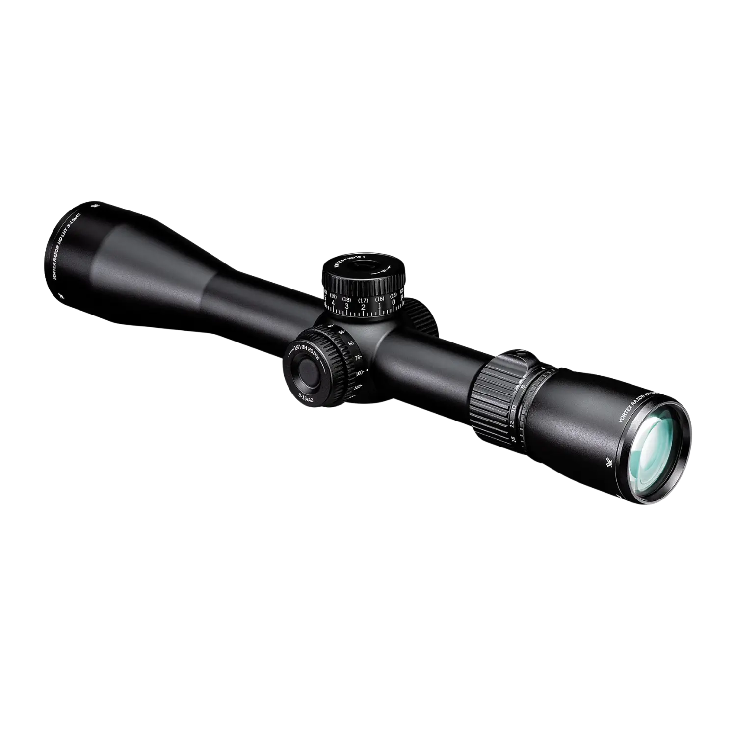 Vortex Razor LHT 3-15x42 Zielfernrohr in Schwarz, mit einem langen, schlanken Körper, einem zentralen Einstellrad und einem vergrößerten Objektiv.
