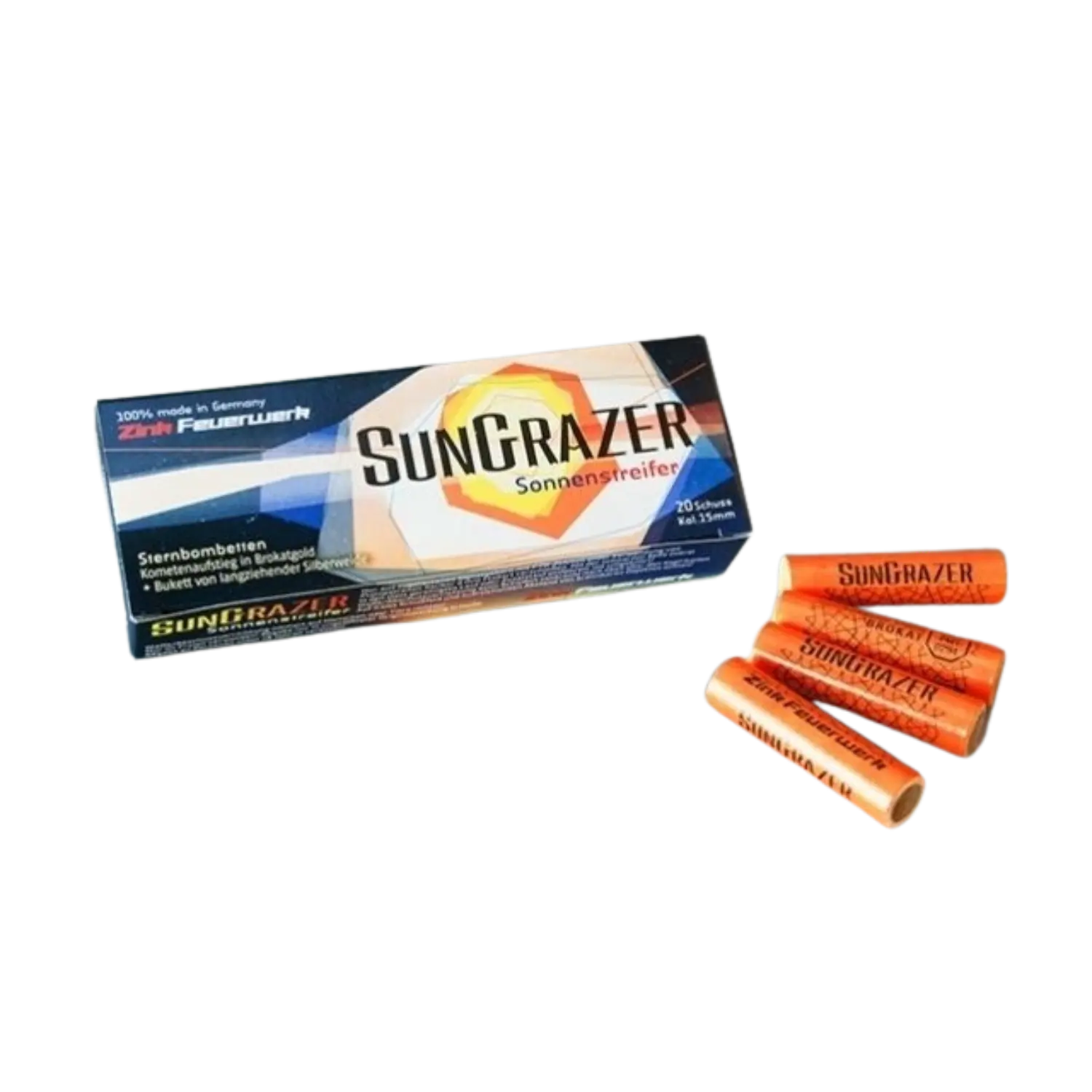 Packung mit der Aufschrift 'SunGrazer Sonnensstreifer' und vier orangefarbene Zink Sun Grazer Feuerwerkskörper daneben.