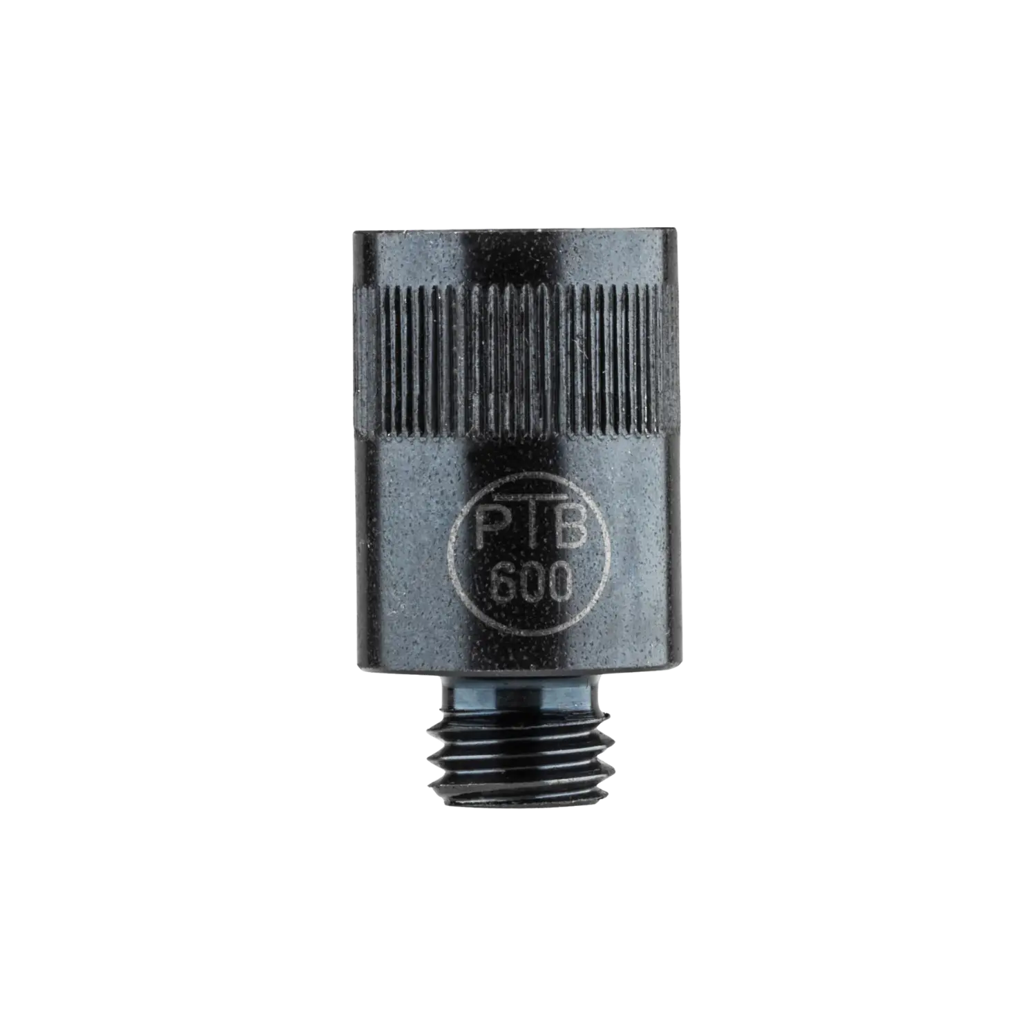 Zylindrischer Abschussbecher mit geriffelter Oberfläche und Schraubgewinde, beschriftet mit 'PTB 600'.