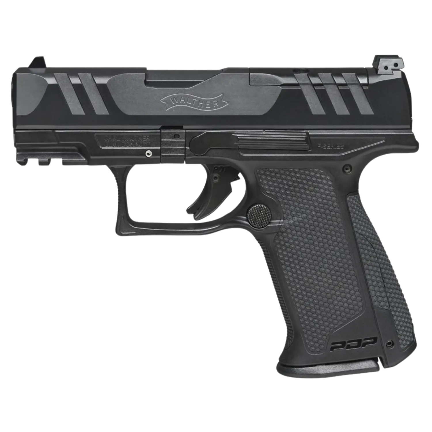 Walther PDP F-Series, 3,5 Zoll, 9mm, schwarze Pistole, rechte Seitenansicht, mit strukturiertem Griff und Picatinny-Schiene.