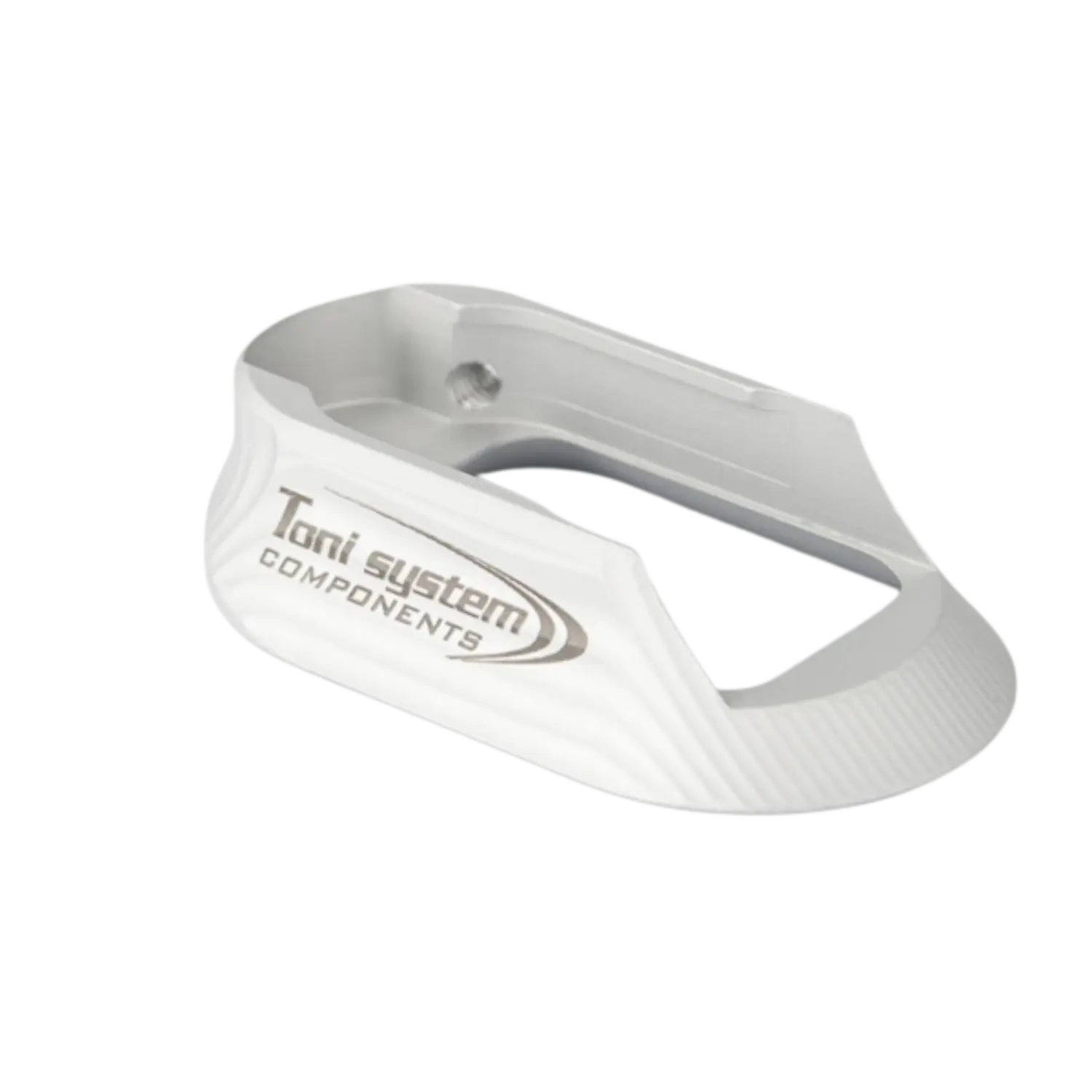 Toni System Magwell für CZ 75 Shadow 2 Silber Silberfarbener Magwell mit der Aufschrift 'Toni system COMPONENTS', rechteckige Öffnung, abgerundete Kanten, Metall.