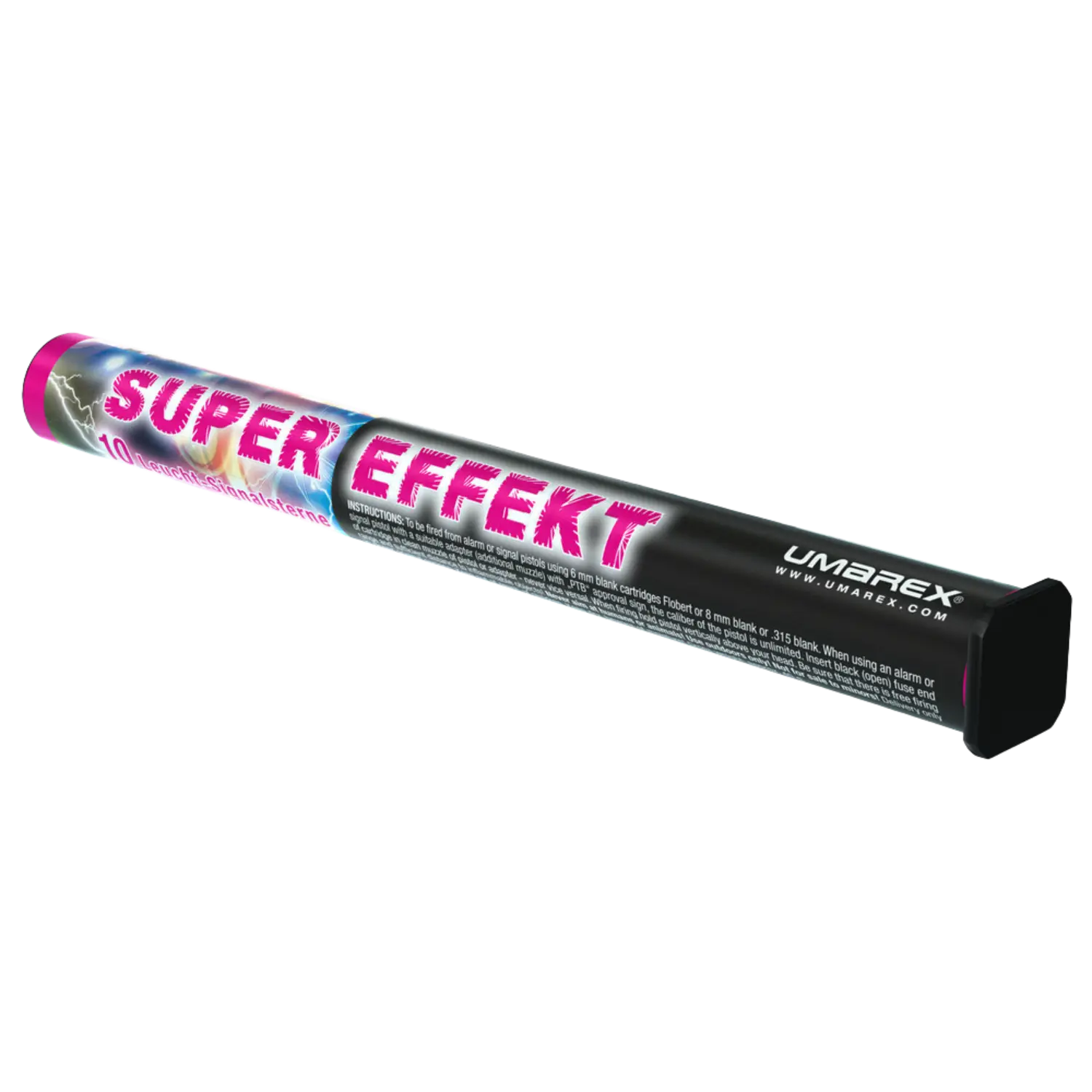 Zylindrische Verpackung mit der Aufschrift 'SUPER EFFEKT' in pinken Großbuchstaben, Marke Umarex, schwarz-pinker Farbverlauf.