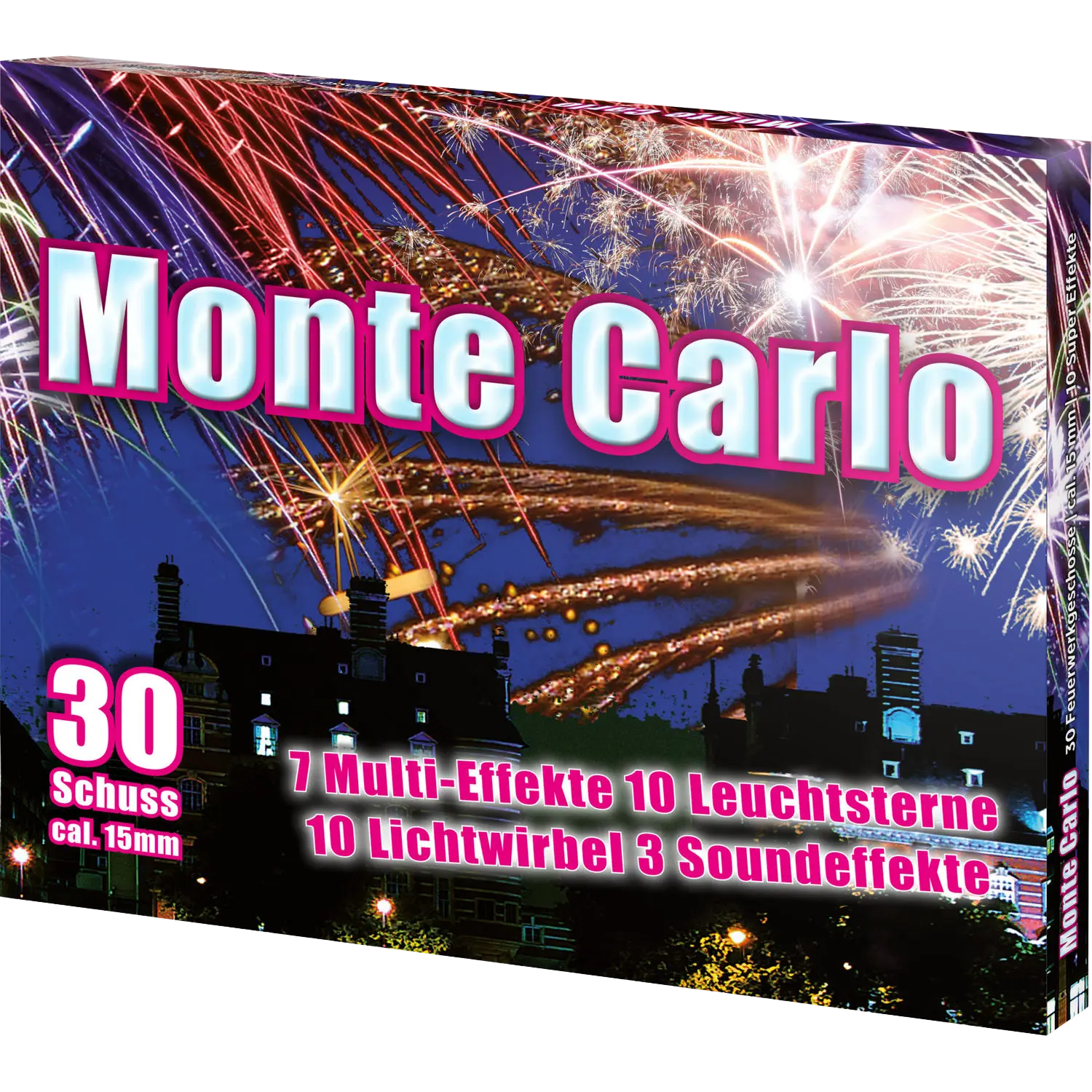 Feuerwerkspackung mit dem Schriftzug 'Monte Carlo', zeigt bunte Feuerwerkskörper über einer Stadtsilhouette bei Nacht.