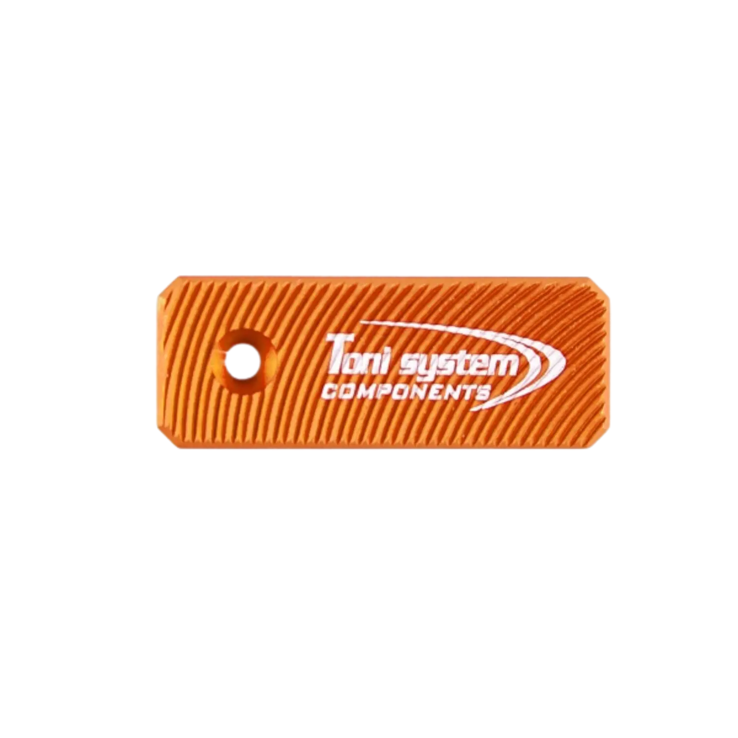 Oranger Verschlussfangknopf mit diagonalen Rillen und weißer Aufschrift 'Toni system COMPONENTS', rechteckig mit rundem Loch links