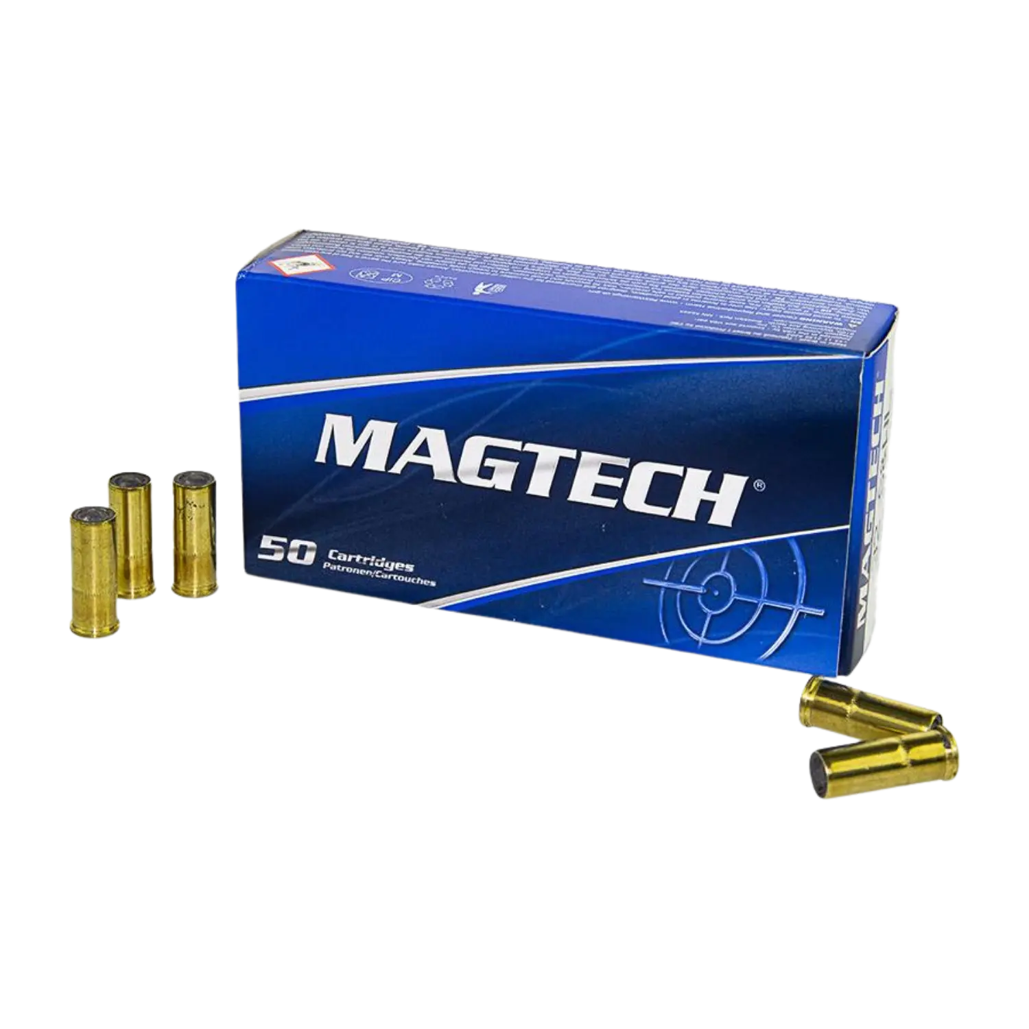 Eine blaue Verpackung mit der Aufschrift 'MAGTECH' und der Zahl '50' steht neben fünf Patronen in Goldfarbe.