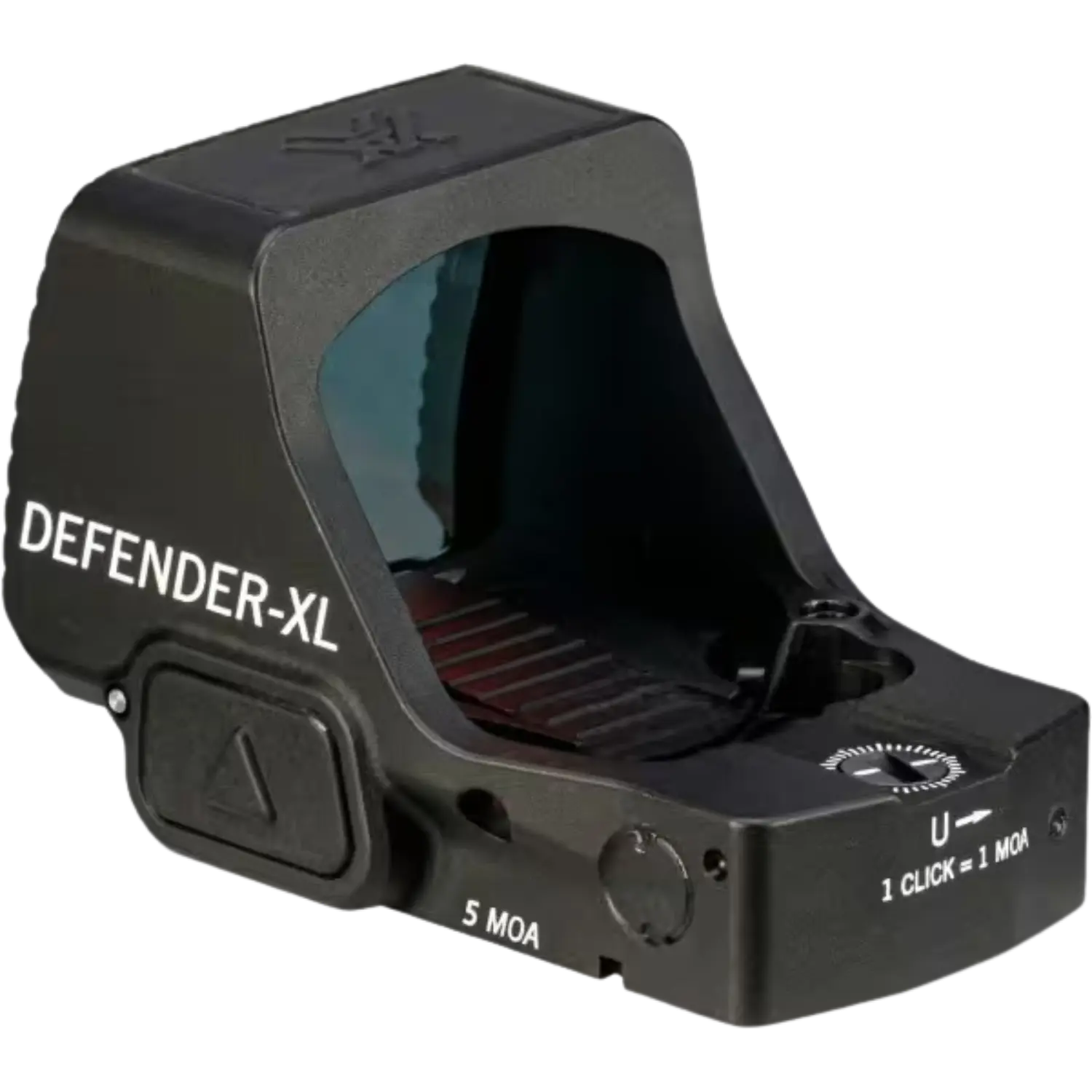 Vortex Defender XL Red Dot + Picatinnyschiene + Glock Adapterplatte 5 MOA Schwarzes Vortex Defender-XL Reflexvisier mit rechteckigem Sichtfenster, Einstellrad und Beschriftungen 'DEFENDER-XL', '5 MOA' und '1 CLICK = 1 MOA'.
