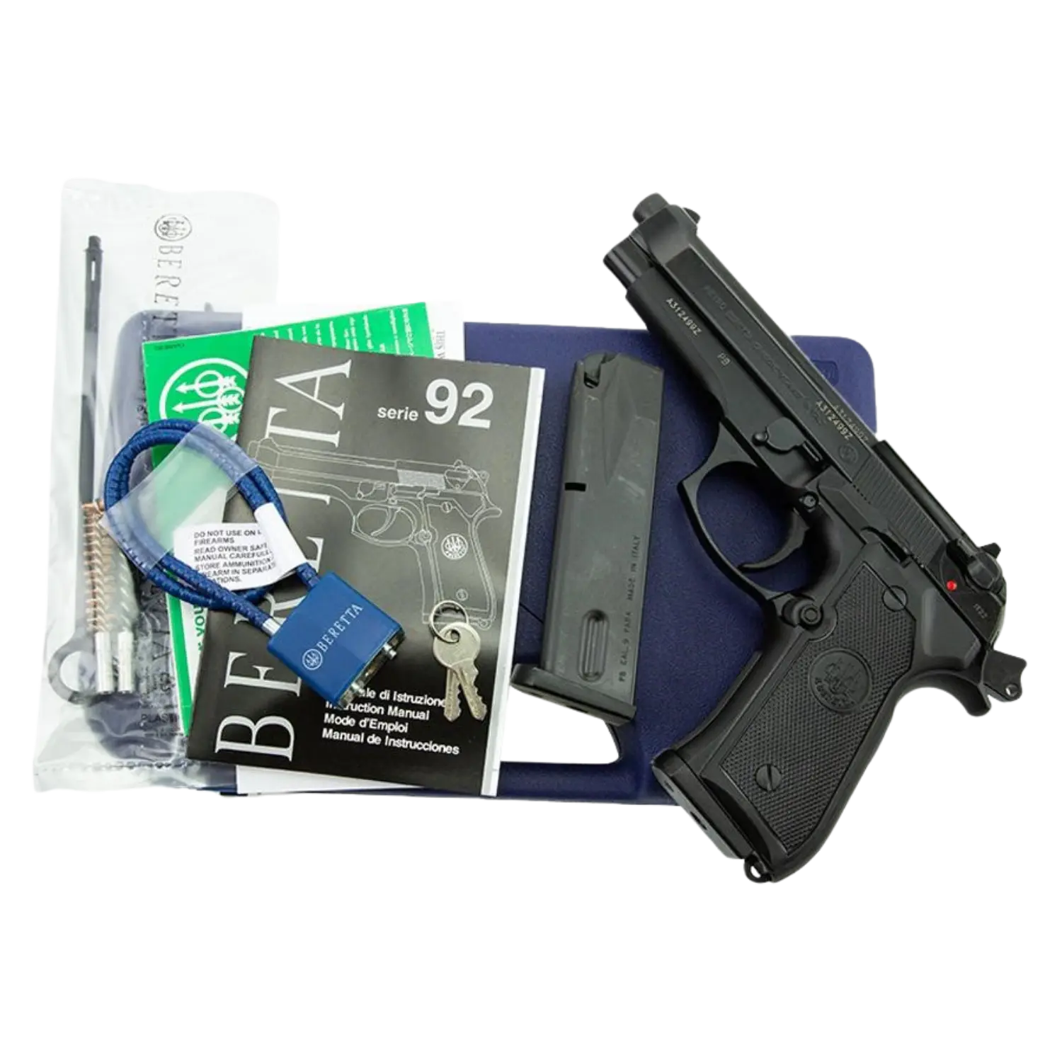Beretta 92 FS 9mm Luger Pistole mit Magazin, Bedienungsanleitung, blauem Schloss mit Schlüssel und Reinigungsbürste auf dunklem Untergrund.