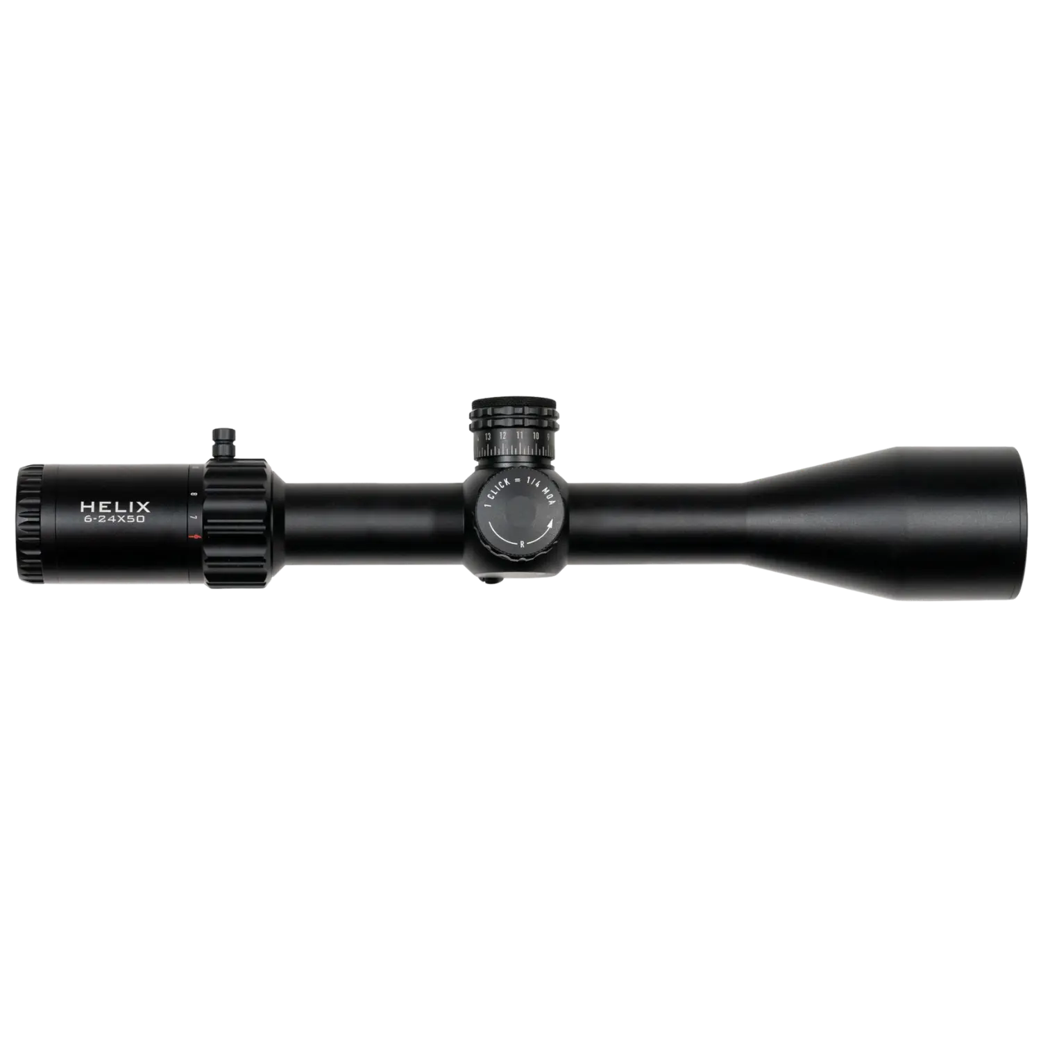 Element Optics Zielfernrohr Helix 2-16x50 Schwarzfarbiges Zielfernrohr mit der Aufschrift 'HELIX' und einem verstellbaren Turm. Längliche Form mit einem großen Objektiv.
