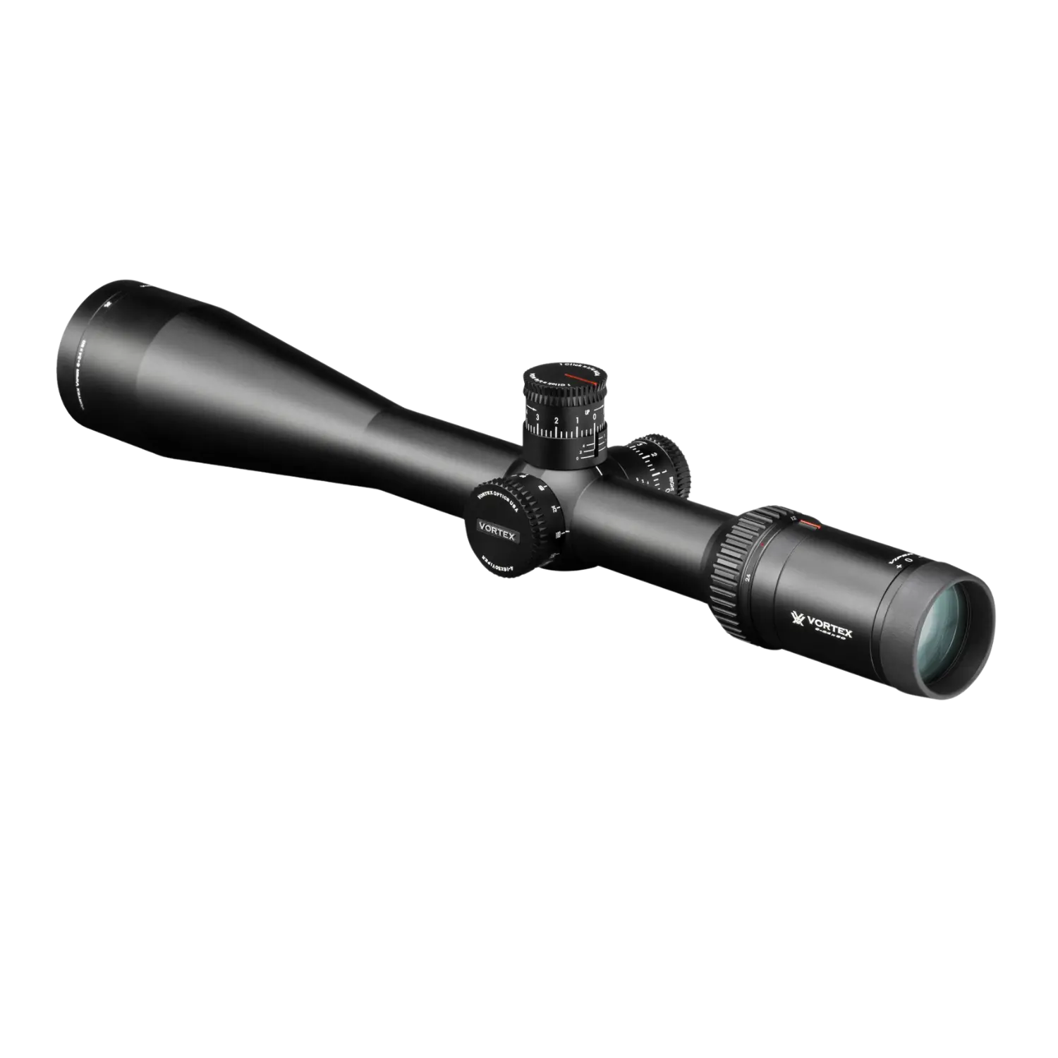Vortex Zielfernrohr Viper HS LR 6-24x50, schwarz, länglicher Körper mit zwei verstellbaren Turmknöpfen und einem Objektiv mit grünem Glas.