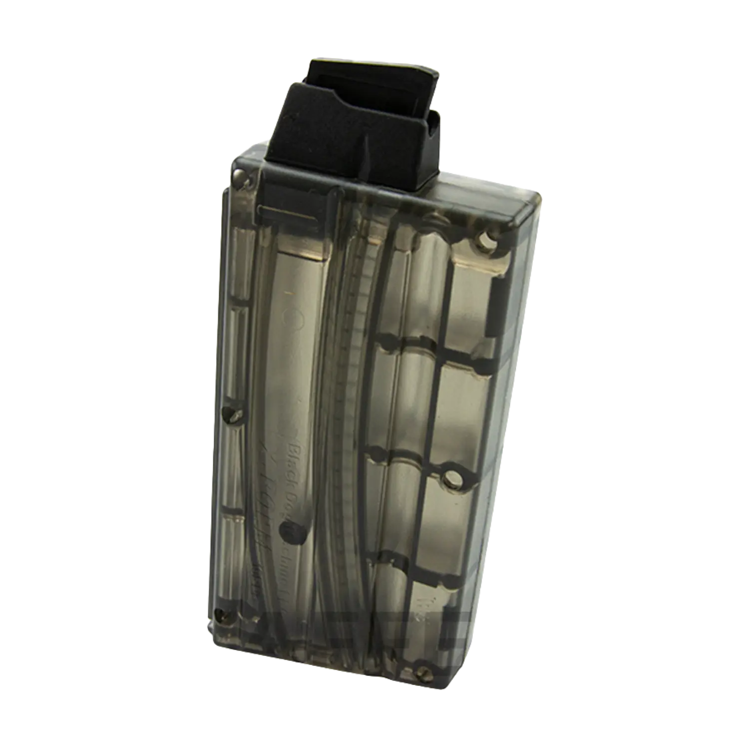 Black Dog Magazin AR15 .22LR Sonic Weld 10 Schuss Transparente, rechteckige Magazin für eine Waffe, mit einem schwarzen oberen Teil und sichtbaren Patronen im Inneren.