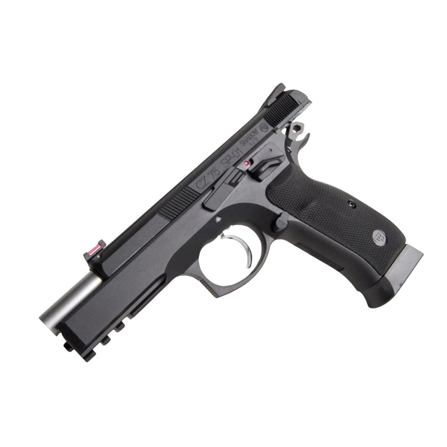 CZ SP-01 Shadow, schwarze Pistole, 4,5 mm BB, seitliche Ansicht, mit rutschfester Griffoberfläche und Abzugsmechanismus.