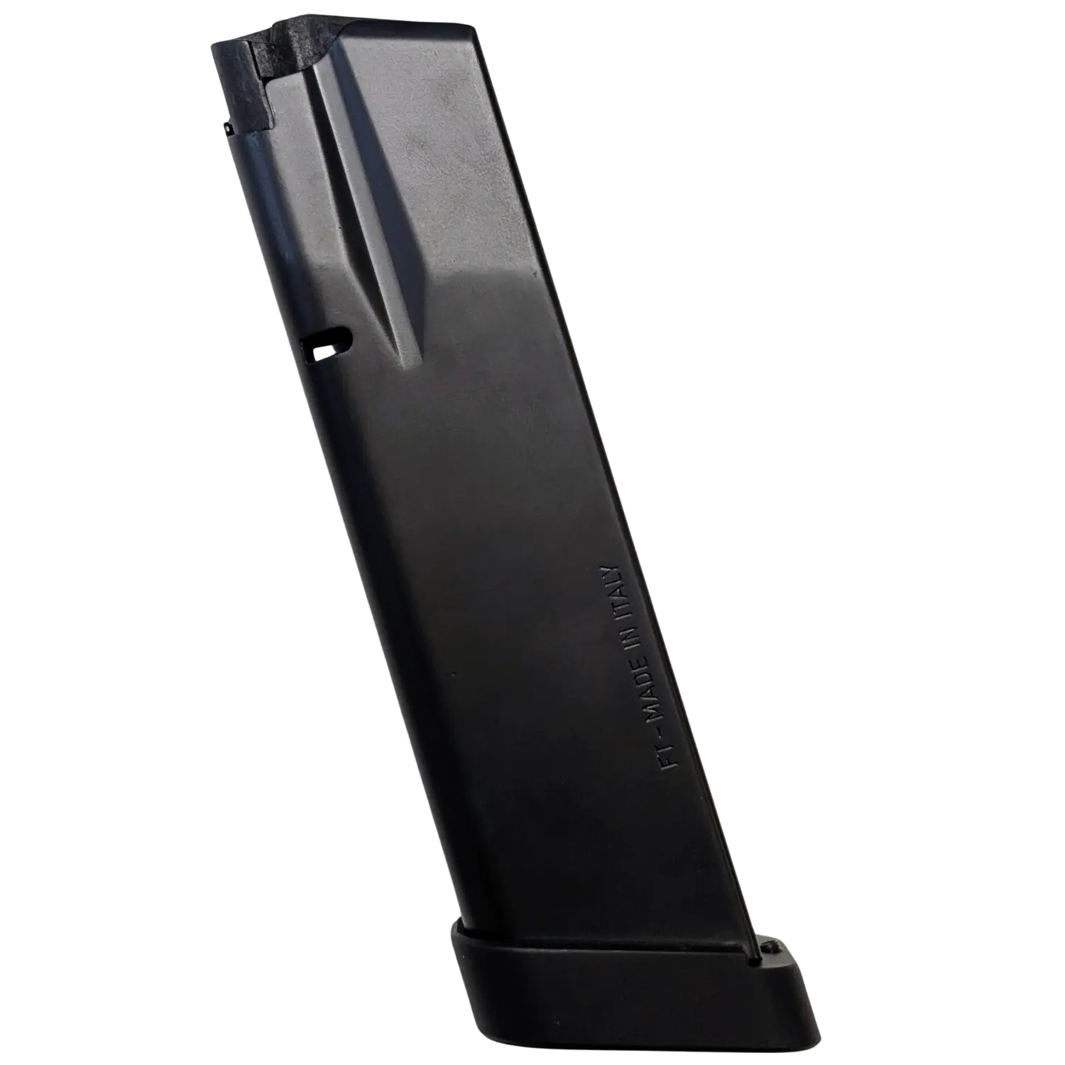 Schwarzes Magazin mit abgeschrägter Oberseite und Prägung 'FT MADE IN ITALY'