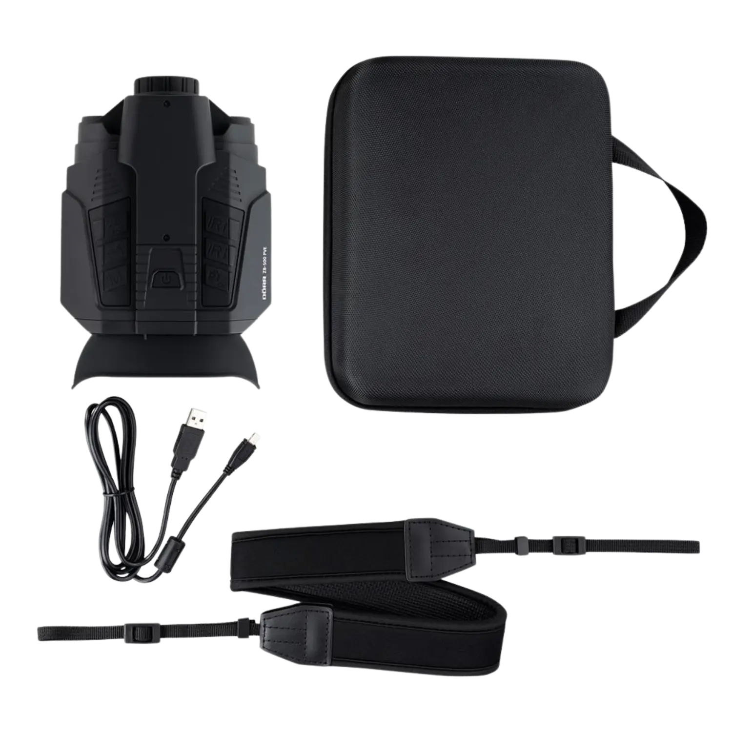 Schwarzes Nachtsichtgerät mit Bedientasten, schwarzes rechteckiges Transportetui, USB-Ladekabel und gepolsterter Tragegurt mit verstellbaren Riemen.  Bi