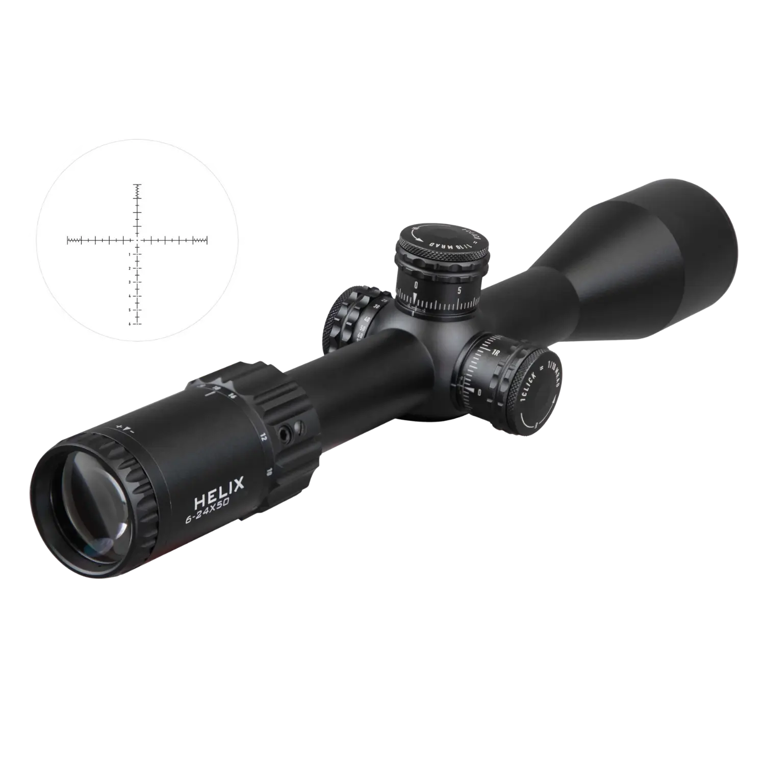 Schwarzes Zielfernrohr mit mehreren Einstellrädern und Helix-Beschriftung, daneben Absehen mit feiner Kreuzlinienstruktur.