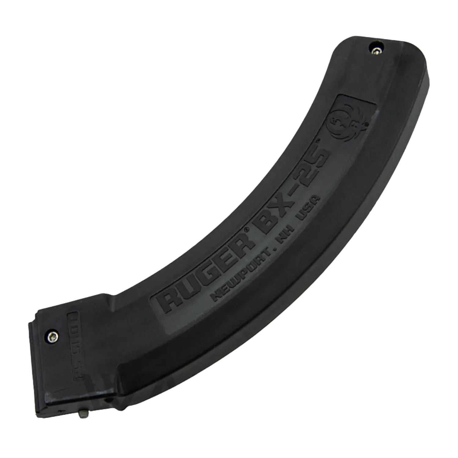 Schwarzes Ruger BX-25 Magazin mit Platz für 25 Schuss, mit eingeprägtem Text 'RUGER BX-25 NEWPORT, KY, USA'.
