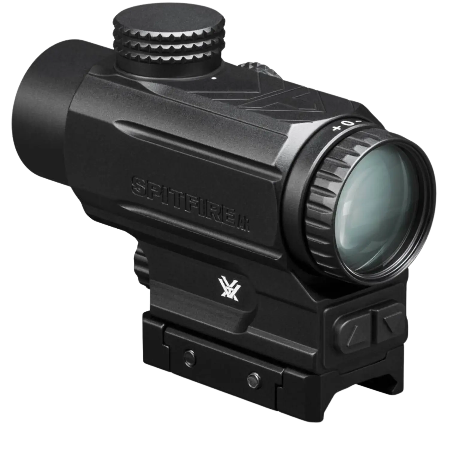 Schwarzes Vortex Spitfire AR Prismenvisier mit Einstellturm oben, Vergrößerungsring vorne und Montageschiene unten.