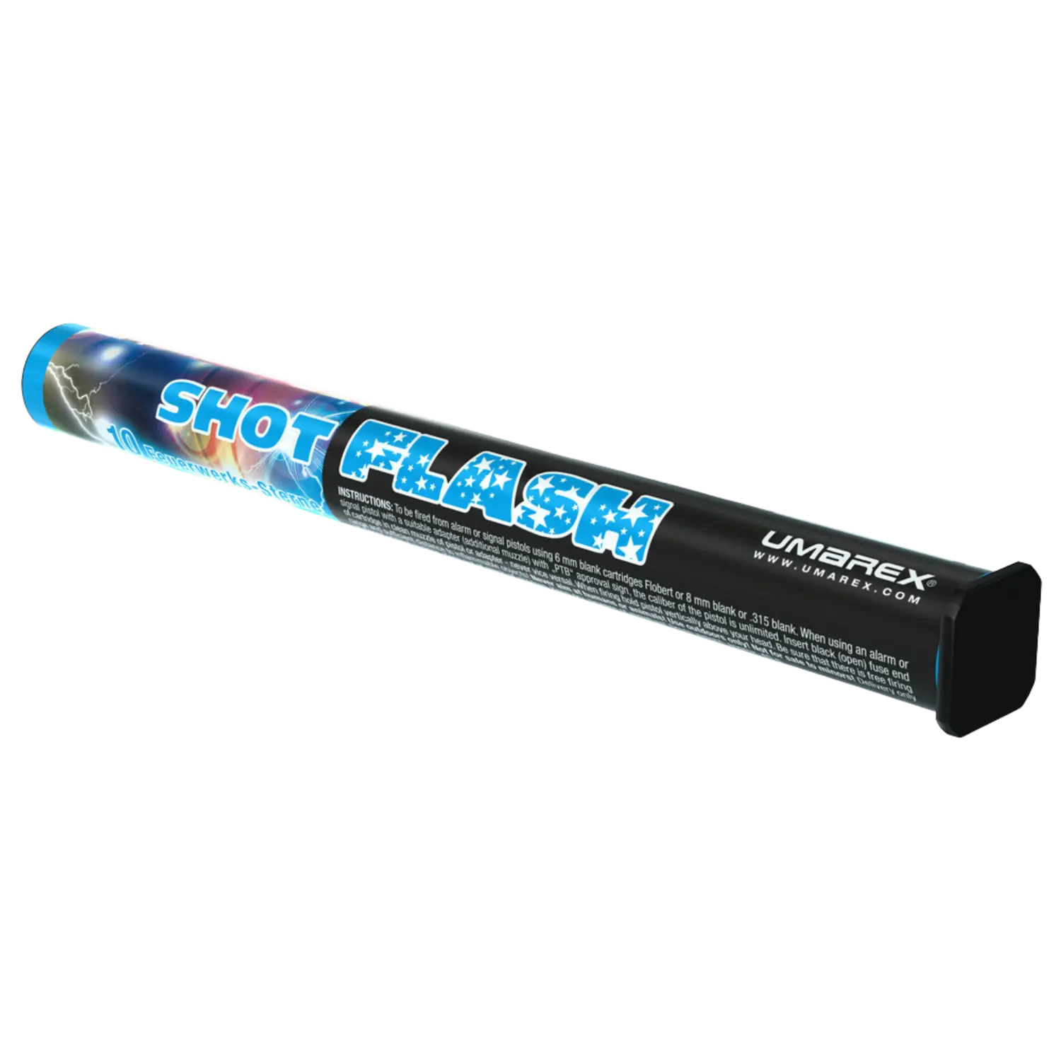 Zylindrische Umarex Shot Flash Kartusche mit blau-weißem Schriftzug und schwarzem Verschlussdeckel, seitlich liegend.