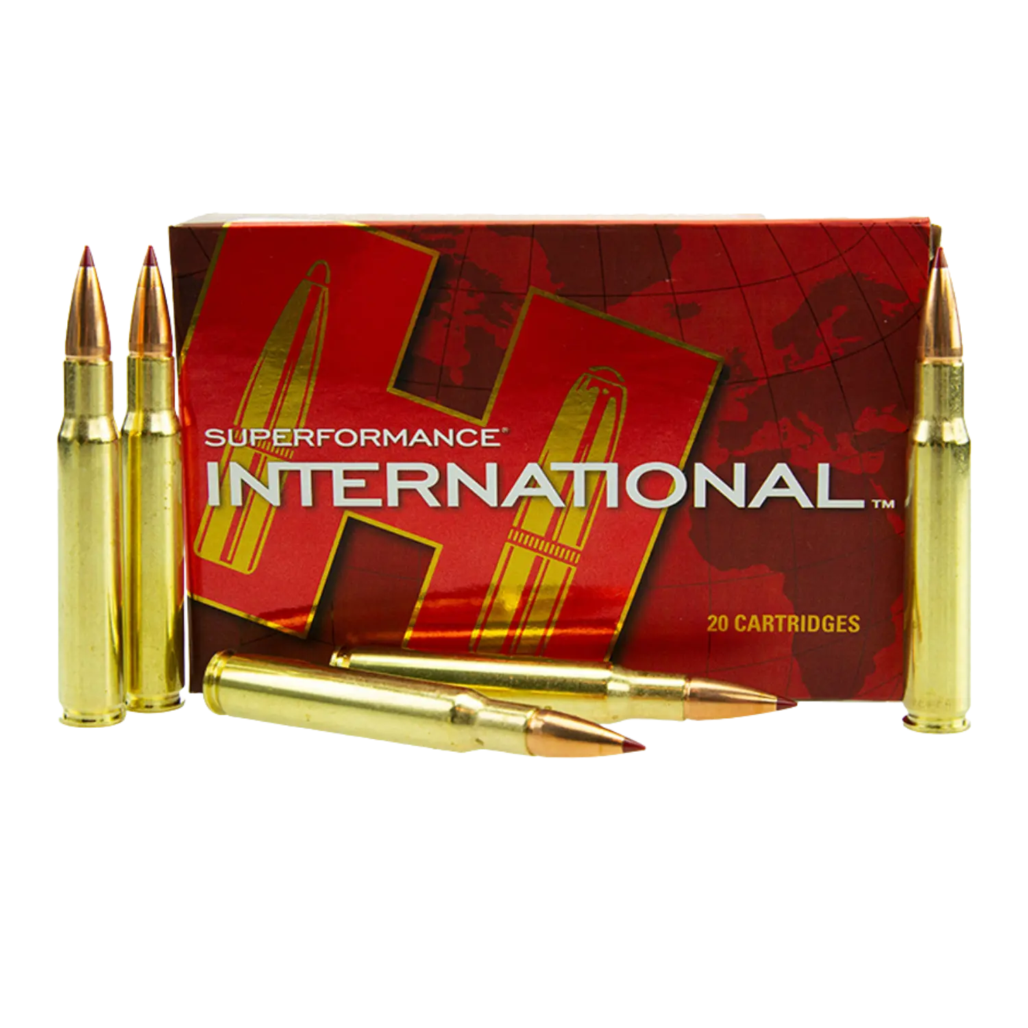 Eine Packung mit 20 Patronen von 'Superformance International' mit drei sichtbaren Patronen im Vordergrund. Die Patronen sind aus Metall mit einer spitzen, kupferfarbenen Spitze.