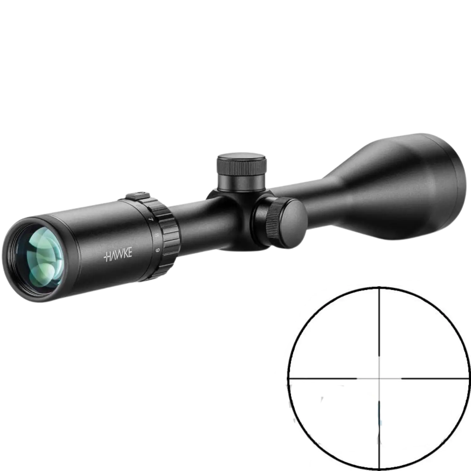 Schwarzes Hawke Vantage 3-9x50 Zielfernrohr mit Duplex-Absehen, zylindrisch mit Einstellknöpfen und vergrößerter Frontlinse.