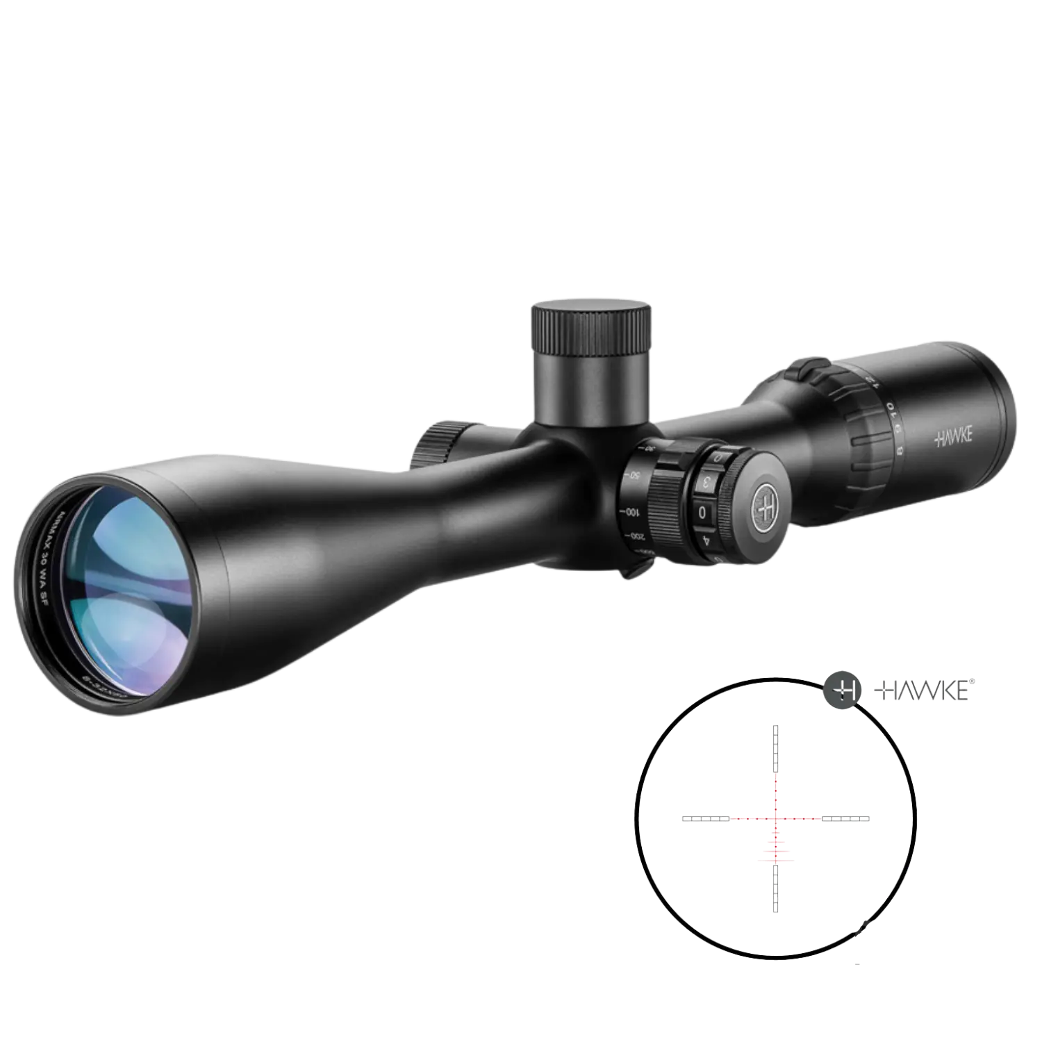 Schwarzes Zielfernrohr mit verstellbaren Einstellrädern und mehrschichtvergüteter Frontlinse, daneben Fadenkreuz mit roter Beleuchtung.