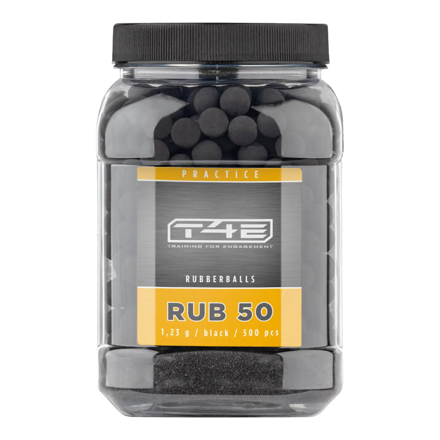 T4E Practice RUB Kaliber .50 Gummigeschosse 500 Schuss schwarze Gummigeschosse für RAM-Waffen Kaliber 50. In einem Schraubbehälter mit schwarz gelber Banderole
