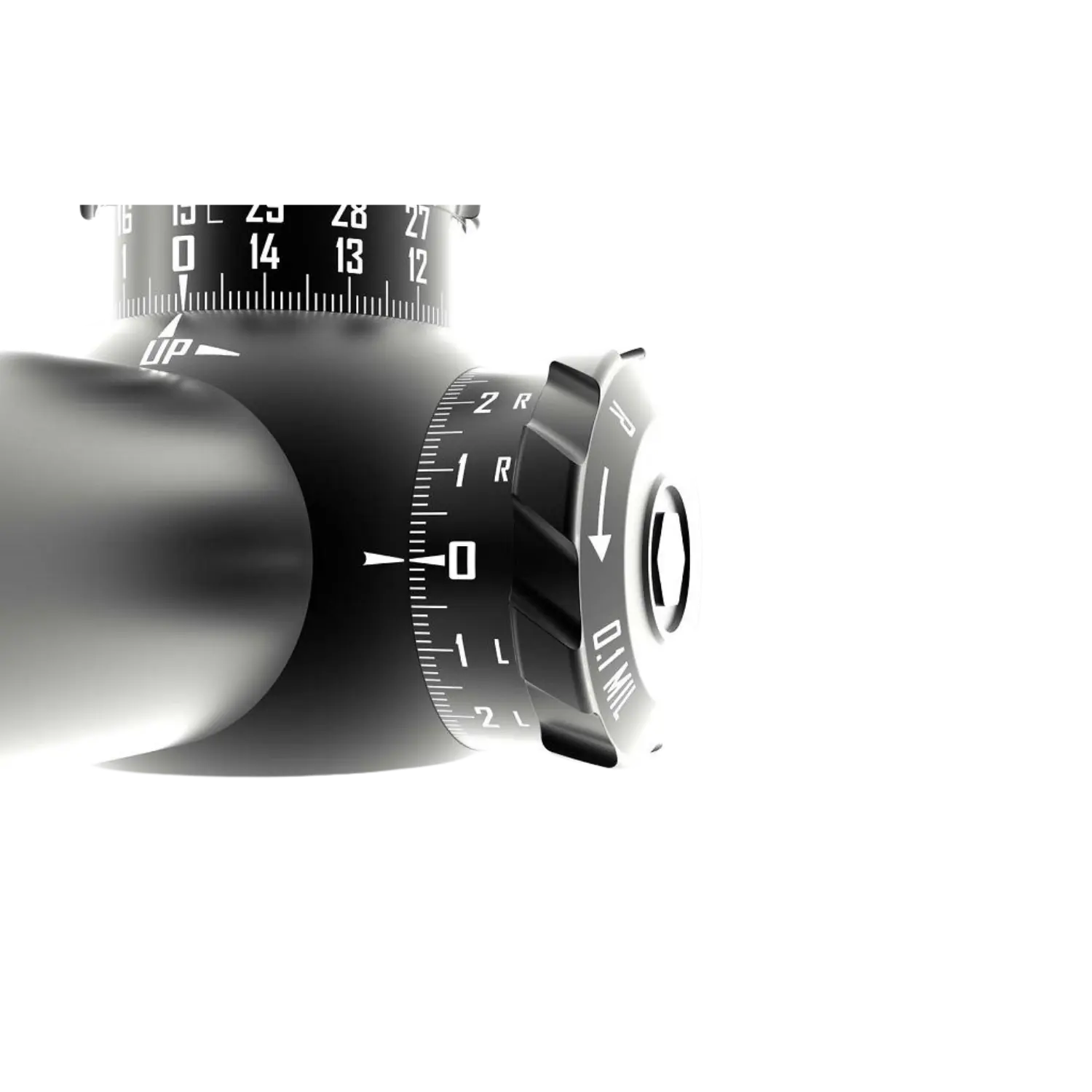 Zero Compromise Optic Zielfernrohr 5-27x56 ZC527 10 MIL sperrbar MPCT2X Schwarz-weißer Zielfernrohrverstellknopf mit Ziffern von 0 bis 25 und Pfeilen für die Richtung. Auf dem Knopf steht 'UP' und 'R'
