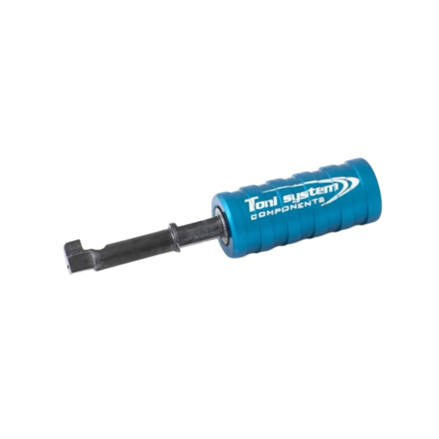 Blauer Griff mit weißer Aufschrift »Toni System Components« an einem schwarzen Werkzeug mit rechteckigem Metallende.