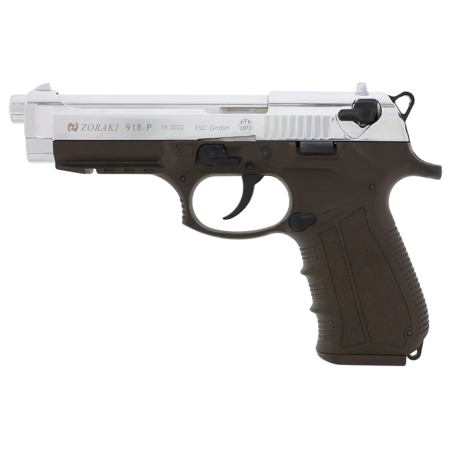 Halbautomatische Pistole Zoraki 918 mit silbernem Schlitten und olivgrünem Griff, Seitenansicht nach links.