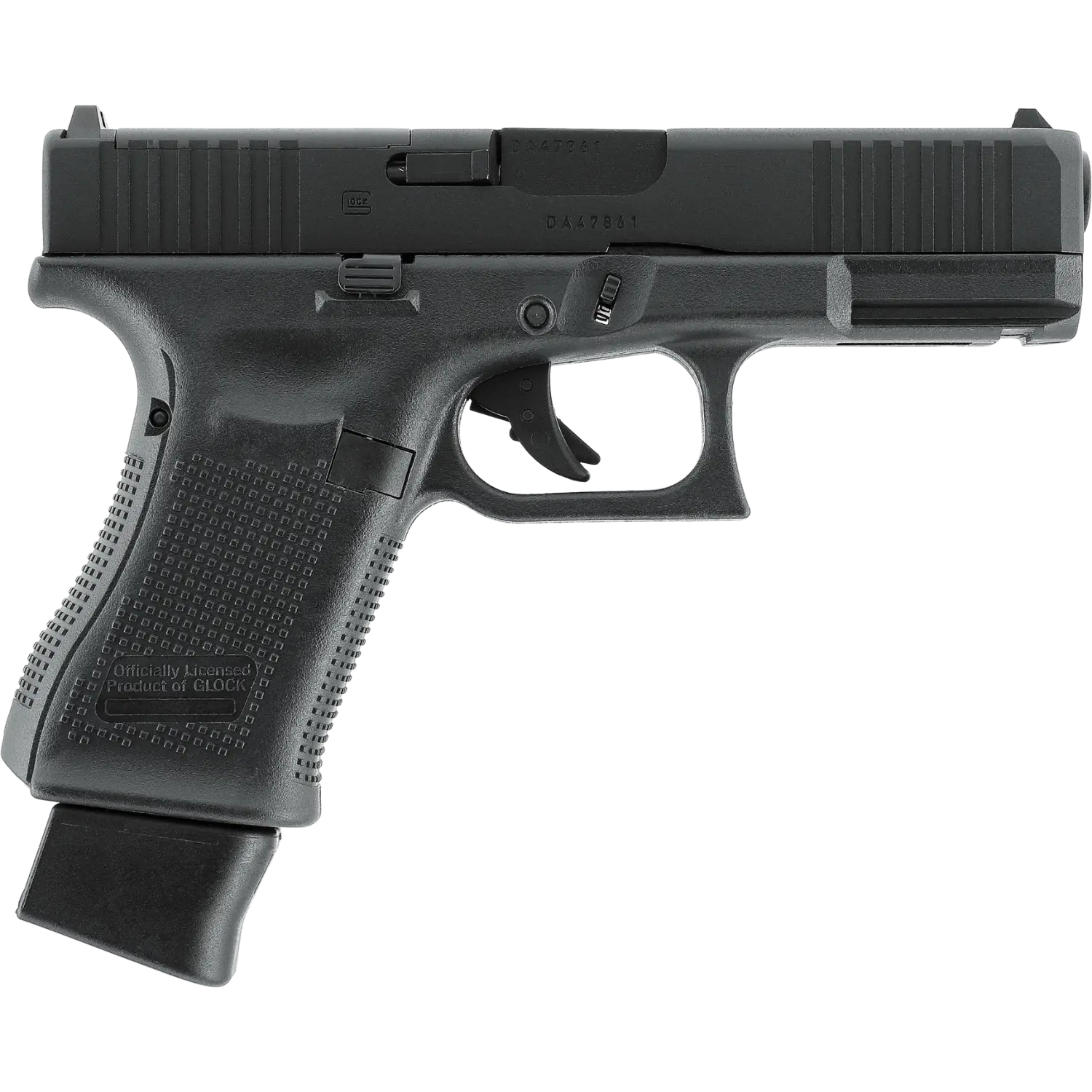 Glock 19 Gen5 MOS BLK CO2 Pistole Kaliber 4,5mm BB Schwarze Glock 19 Gen5 MOS CO2-Pistole Kaliber 4,5 mm BB mit geriffeltem Griff und Magazinverlängerung, Lauf nach rechts zeigend.